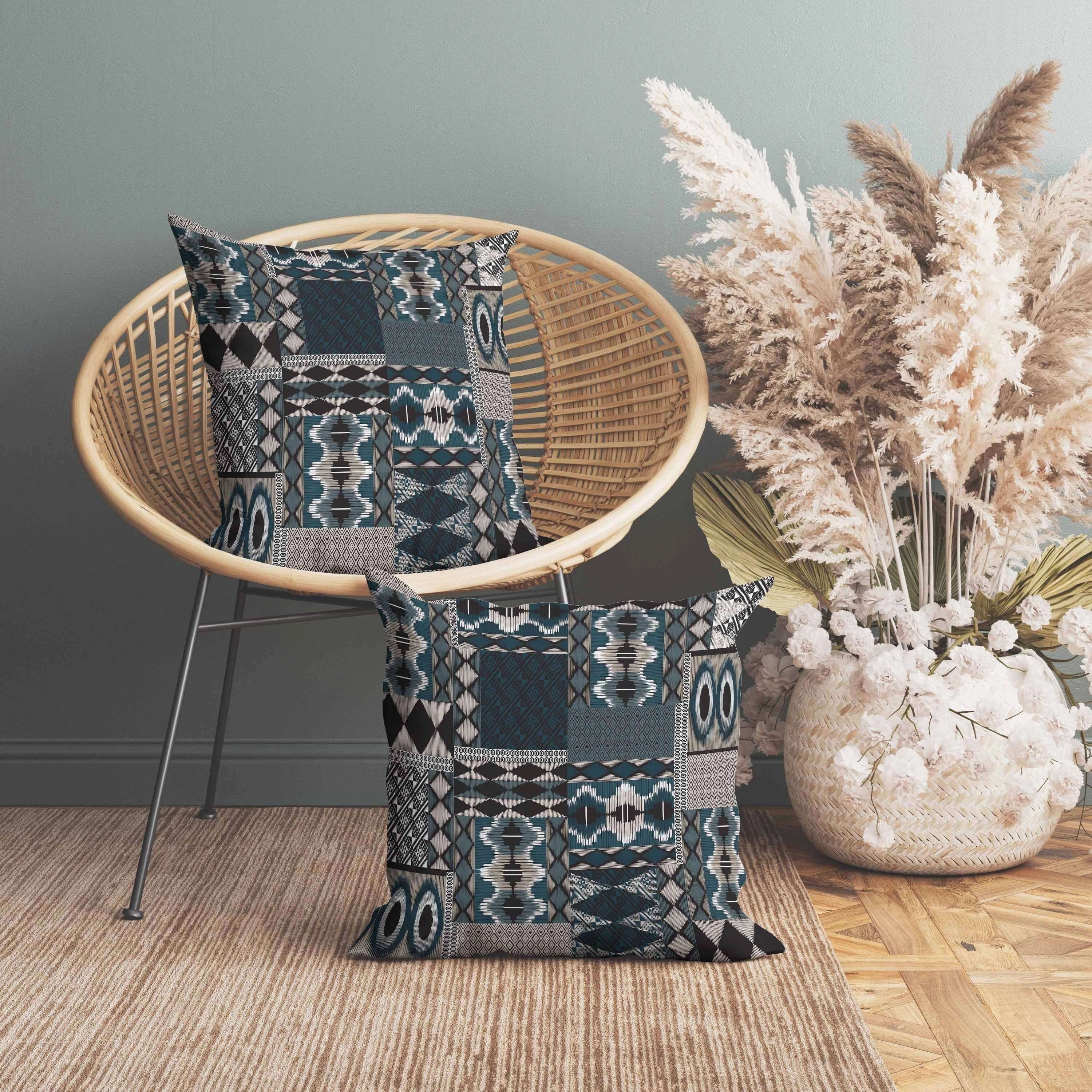Patched Perfection Indoor/Outdoor Reversible Throw Pillow Beige and Charcoal