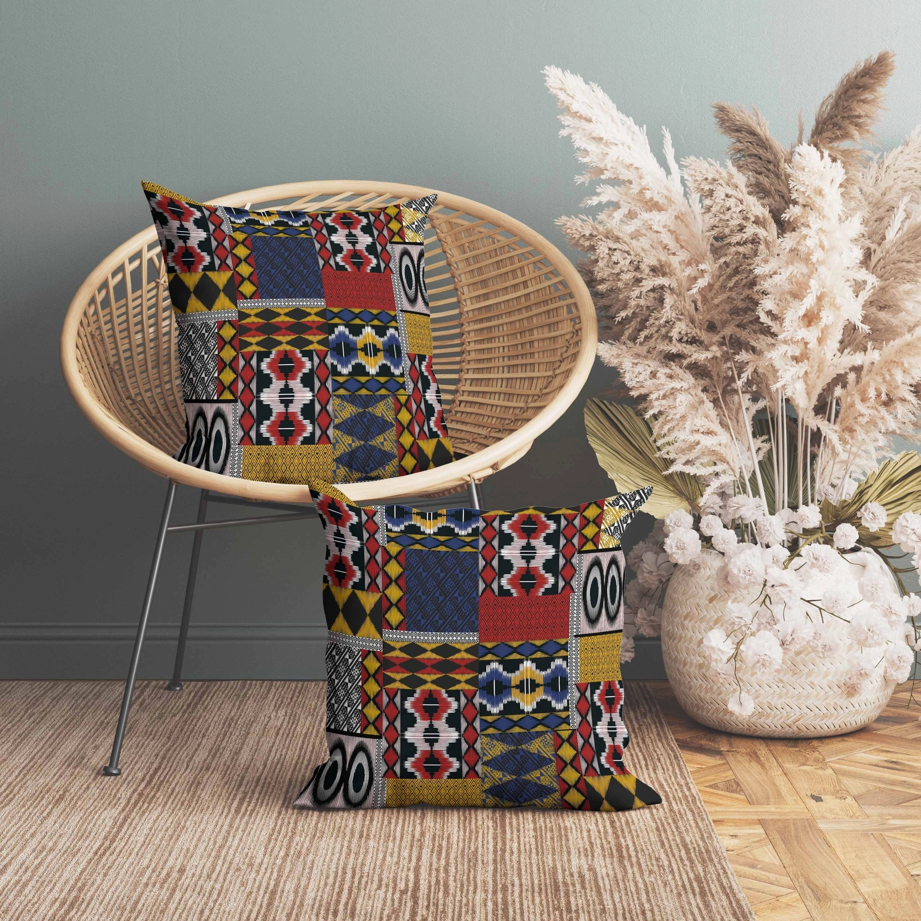 Patched Perfection Indoor/Outdoor Reversible Throw Pillow Yellow and Red