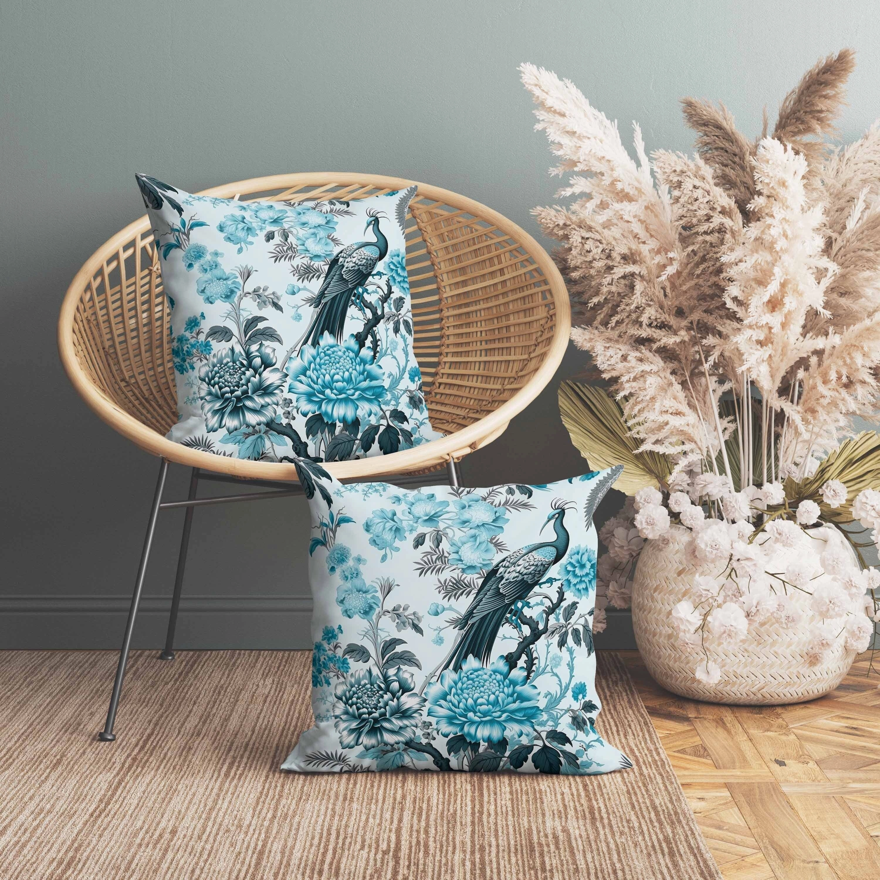 Peacock Panache Indoor/Outdoor Reversible Throw Pillow Turquoise and Grey