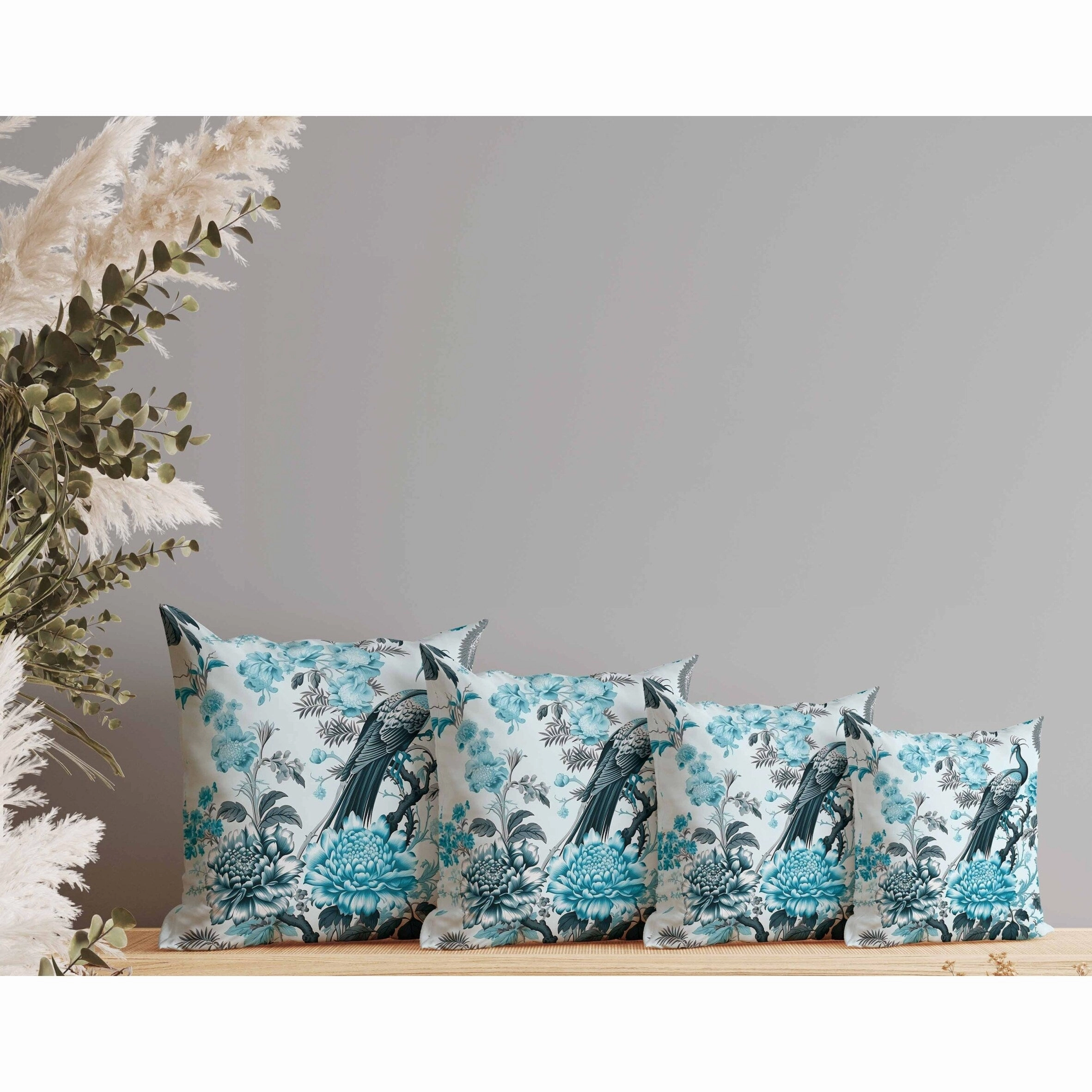 Peacock Panache Indoor/Outdoor Reversible Throw Pillow Turquoise and Grey