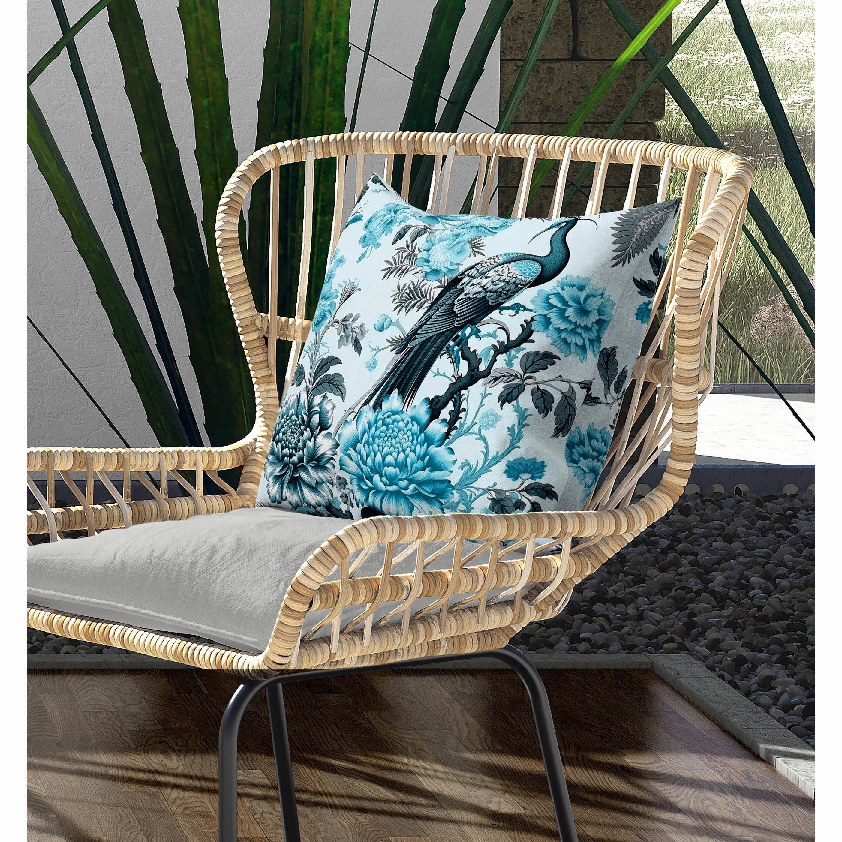 Peacock Panache Indoor/Outdoor Reversible Throw Pillow Turquoise and Grey