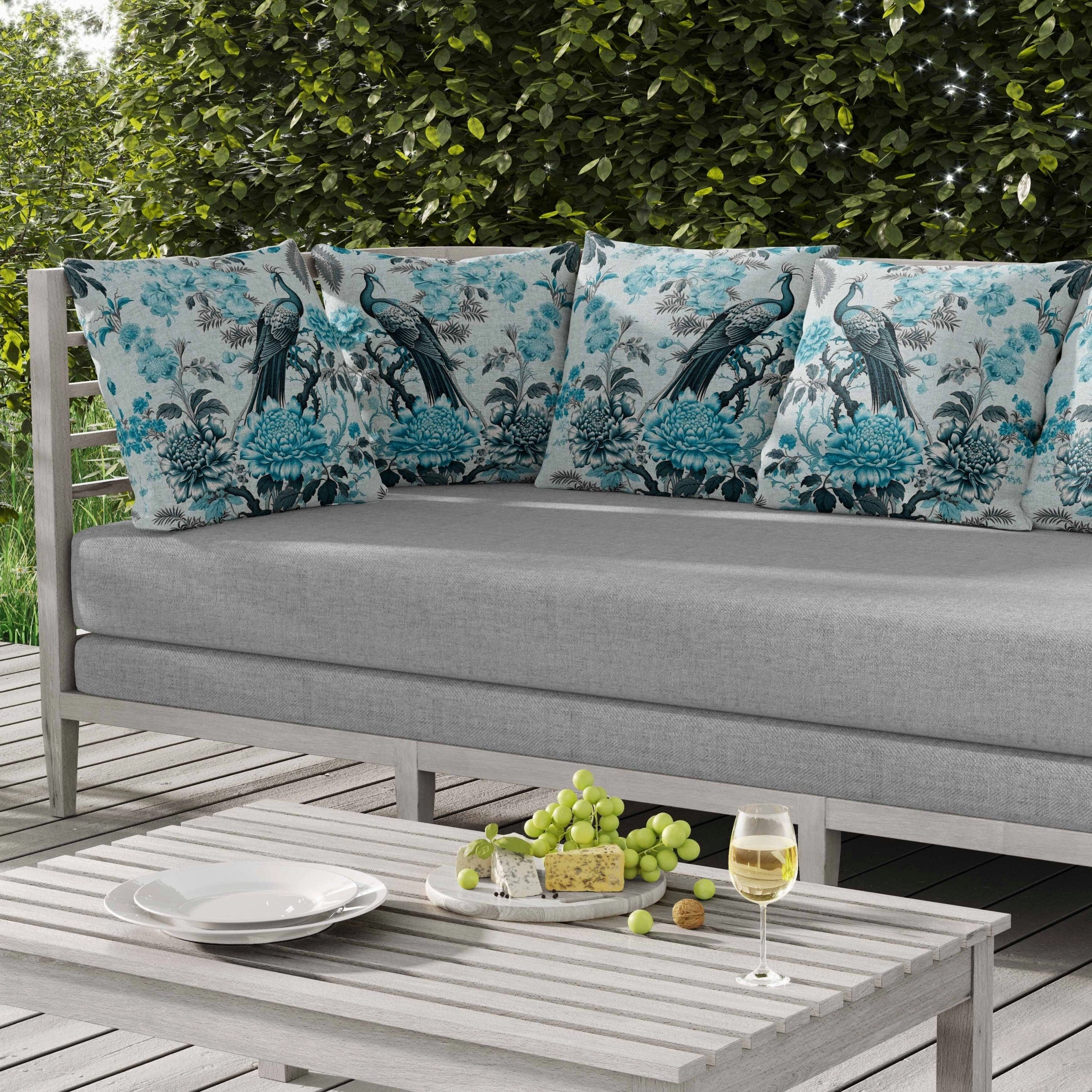 Peacock Panache Indoor/Outdoor Reversible Throw Pillow Turquoise and Grey