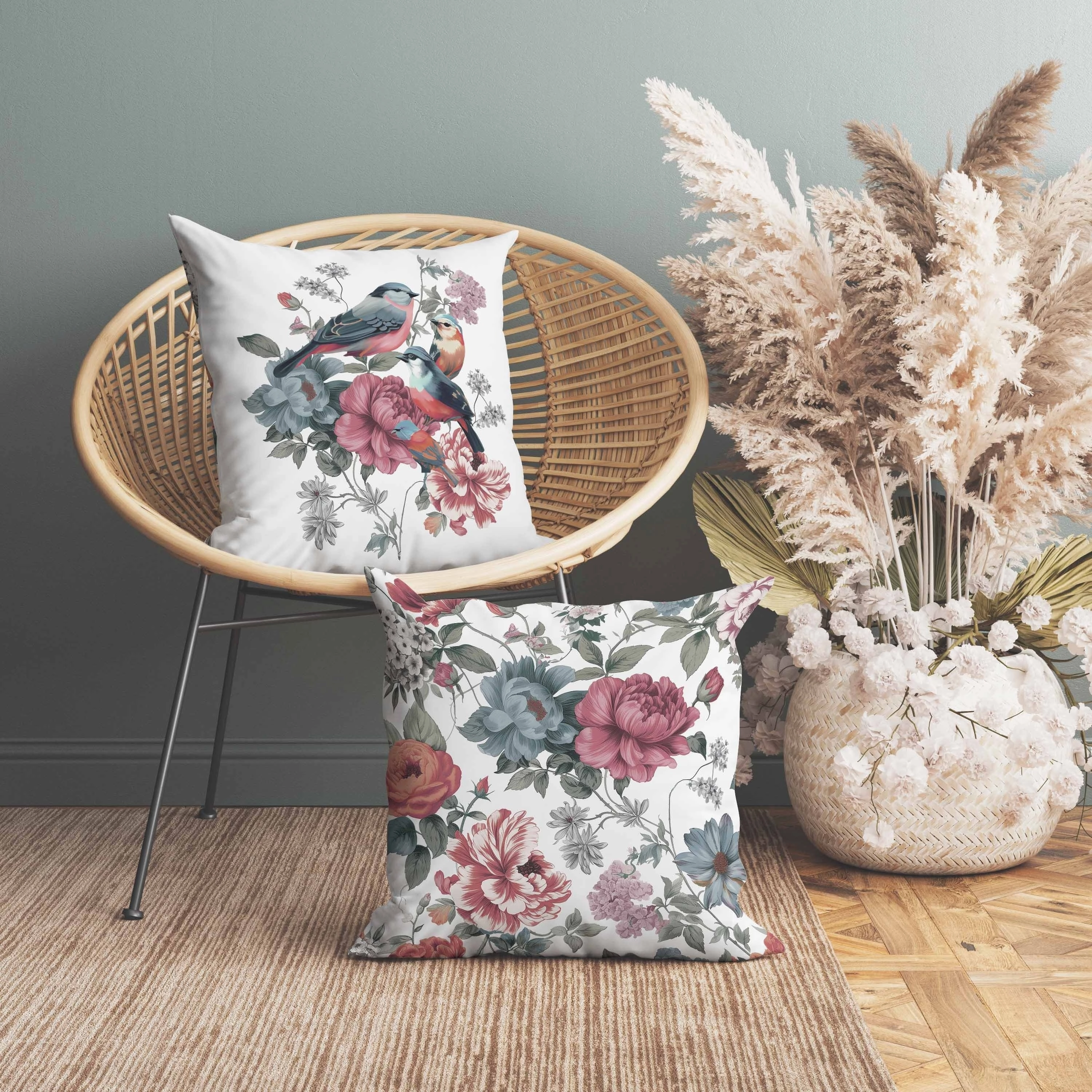 Petal Perched Birds Indoor/Outdoor Reversible Throw Pillow White and Pink