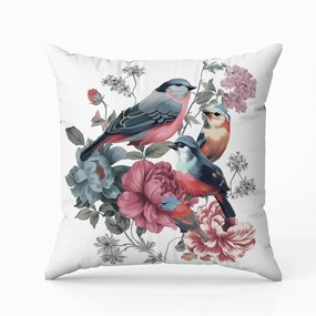 Petal Perched Birds Indoor/Outdoor Reversible Throw Pillow White and Pink