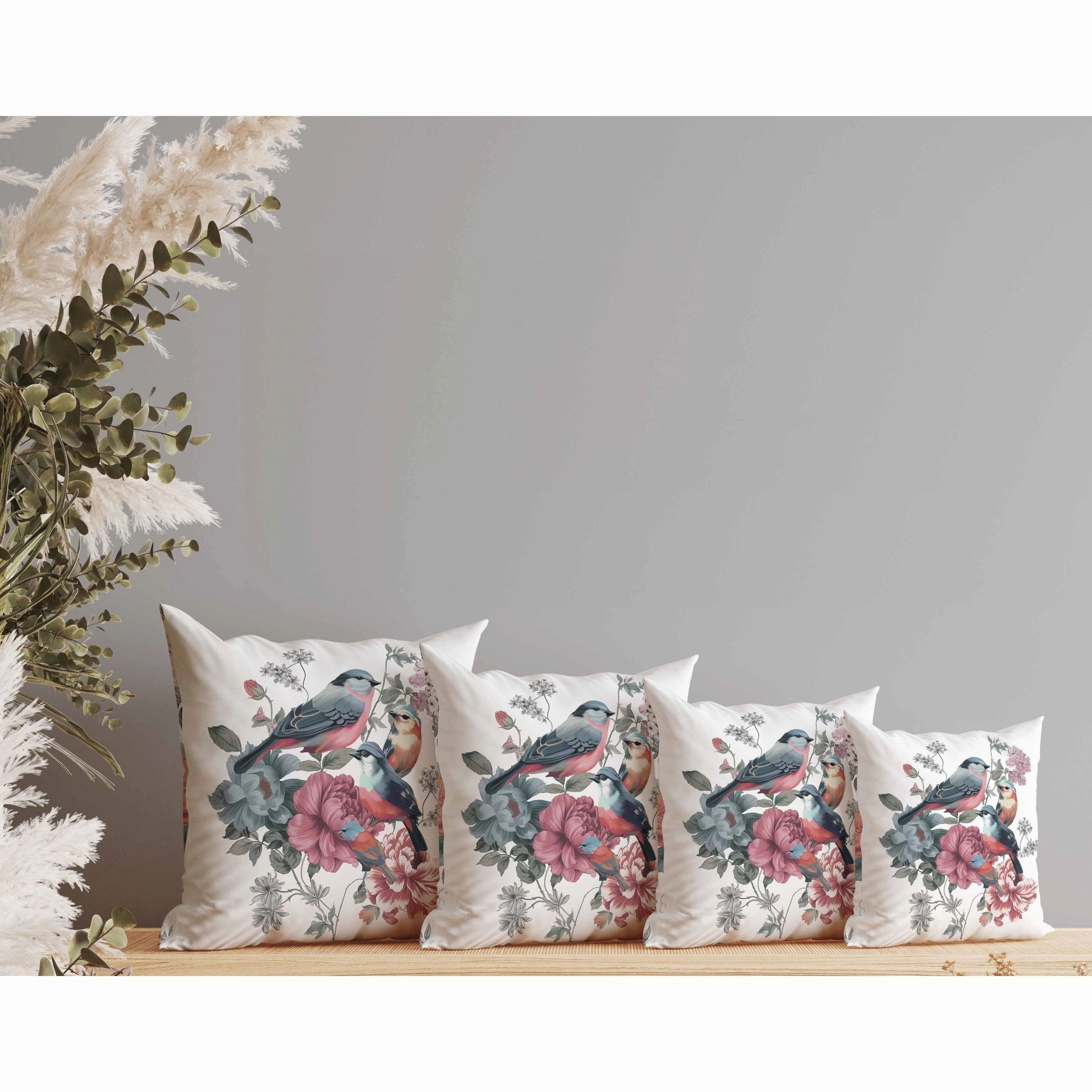 Petal Perched Birds Indoor/Outdoor Reversible Throw Pillow White and Pink