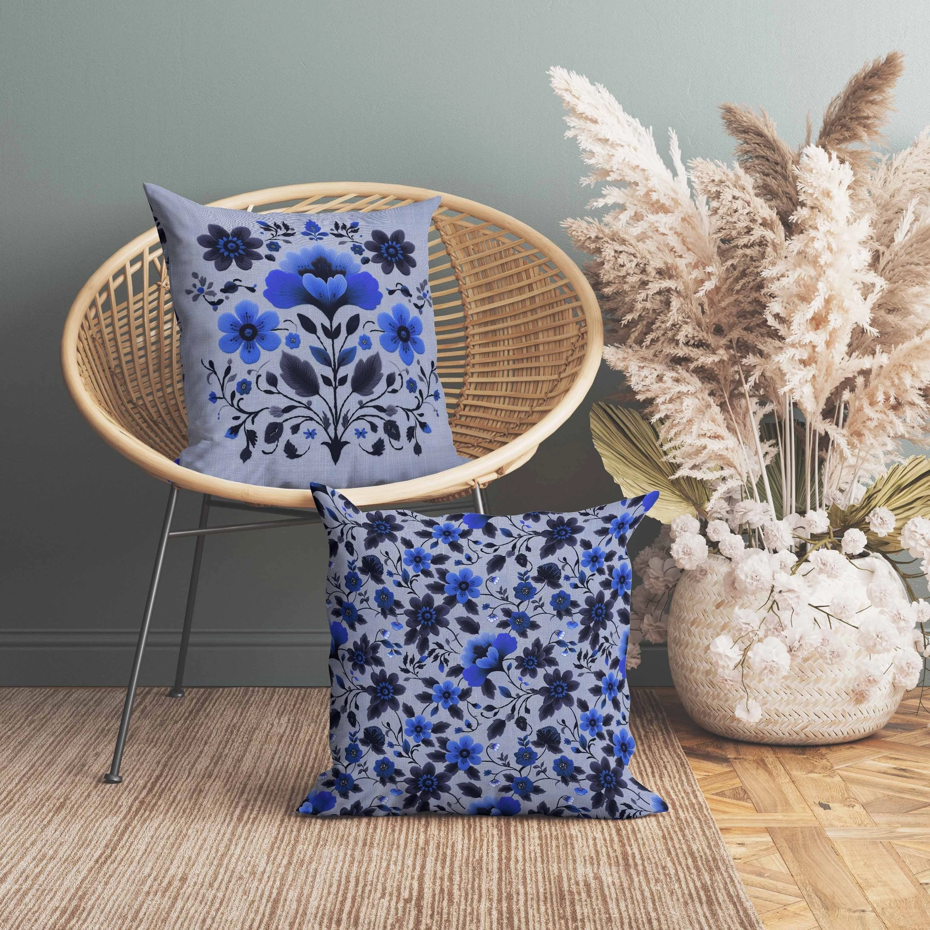 Rajasthan Bloom Indoor/Outdoor Reversible Throw Pillow Blue and Gray