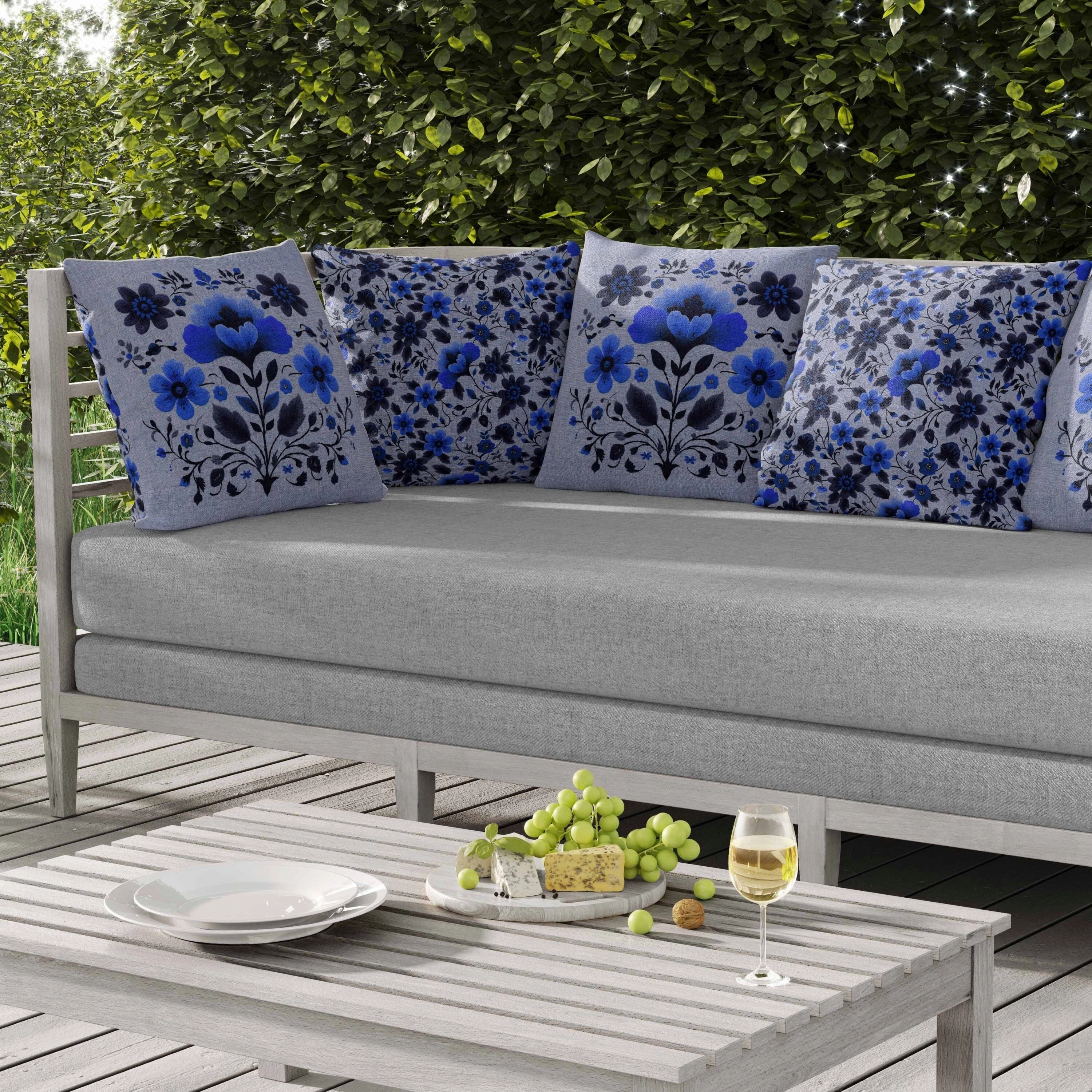 Rajasthan Bloom Indoor/Outdoor Reversible Throw Pillow Blue and Gray