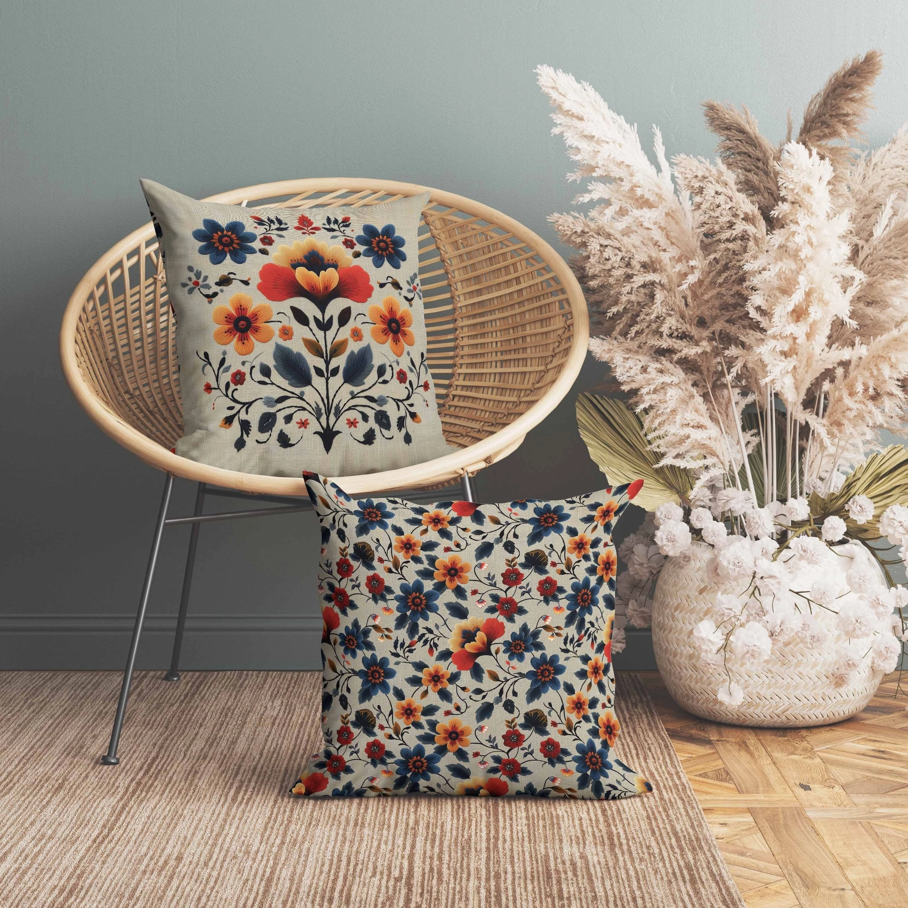 Rajasthan Bloom Indoor/Outdoor Reversible Throw Pillow Blue and Orange