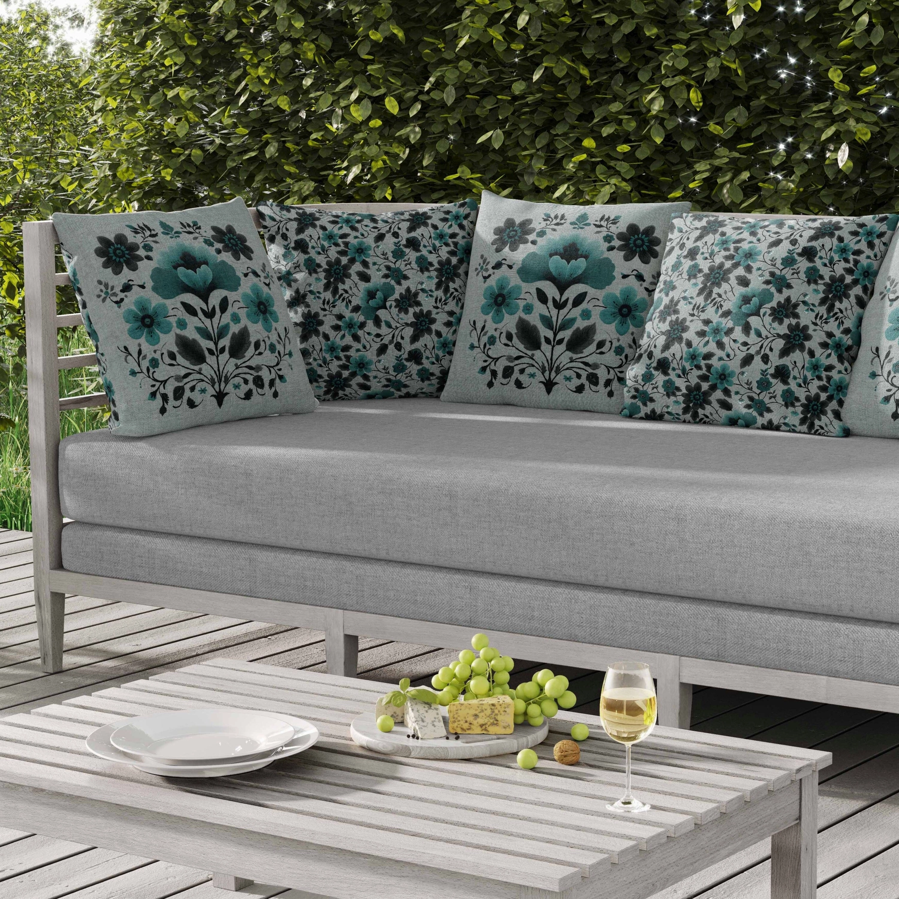 Rajasthan Bloom Indoor/Outdoor Reversible Throw Pillow Teal and Gray