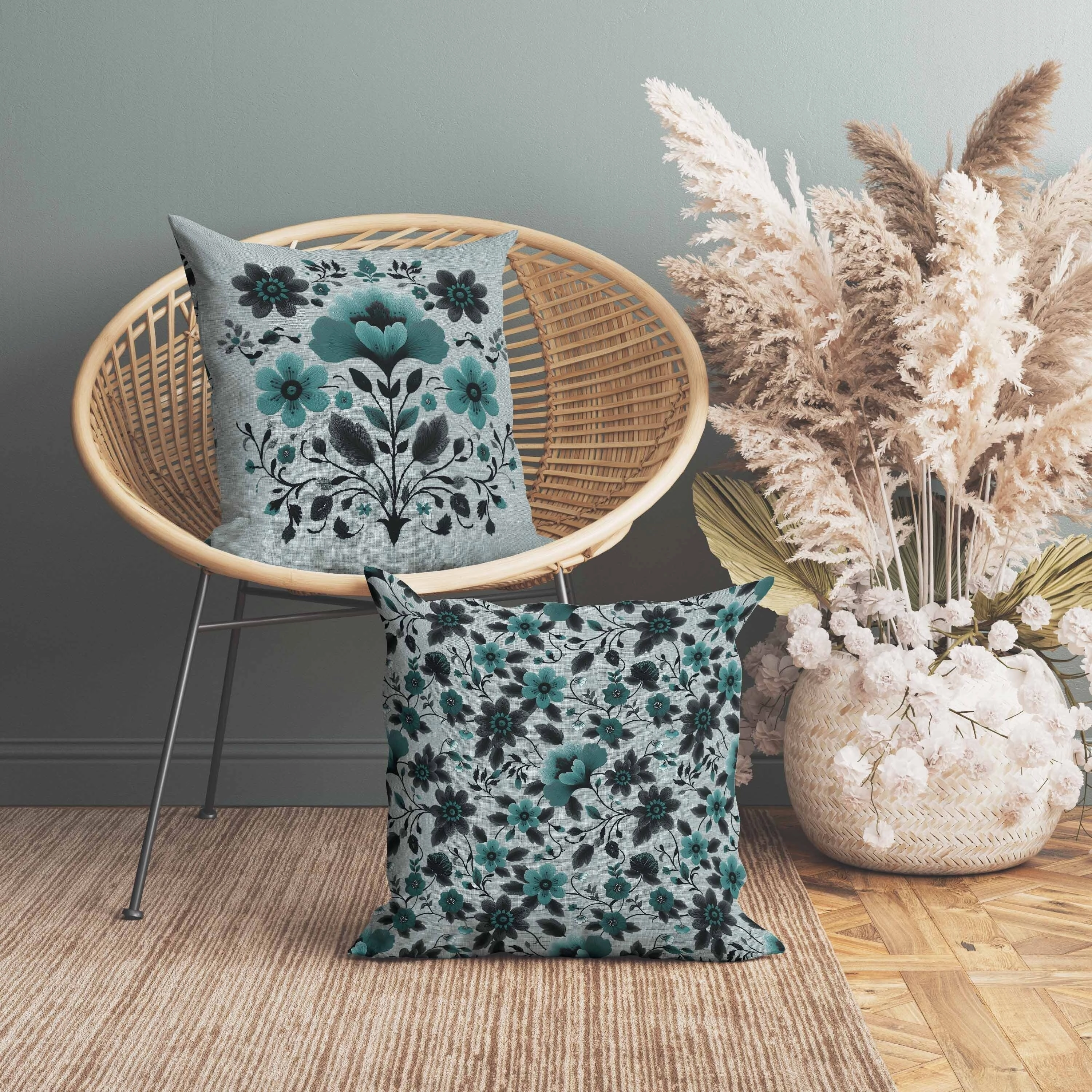 Rajasthan Bloom Indoor/Outdoor Reversible Throw Pillow Teal and Gray
