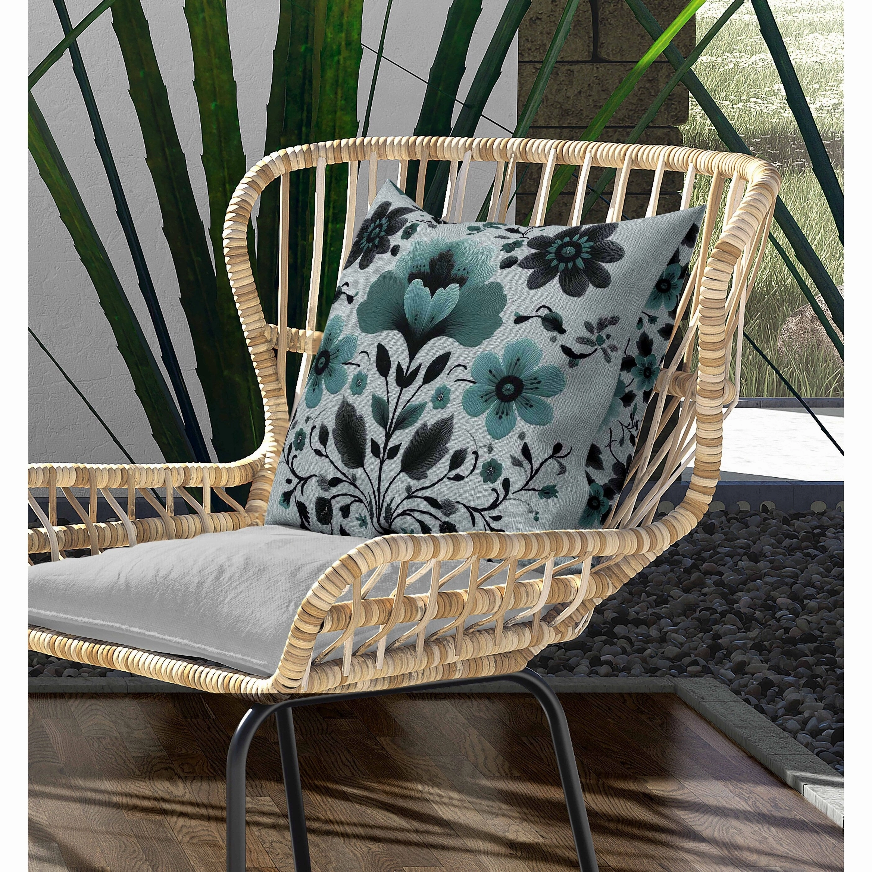 Rajasthan Bloom Indoor/Outdoor Reversible Throw Pillow Teal and Gray