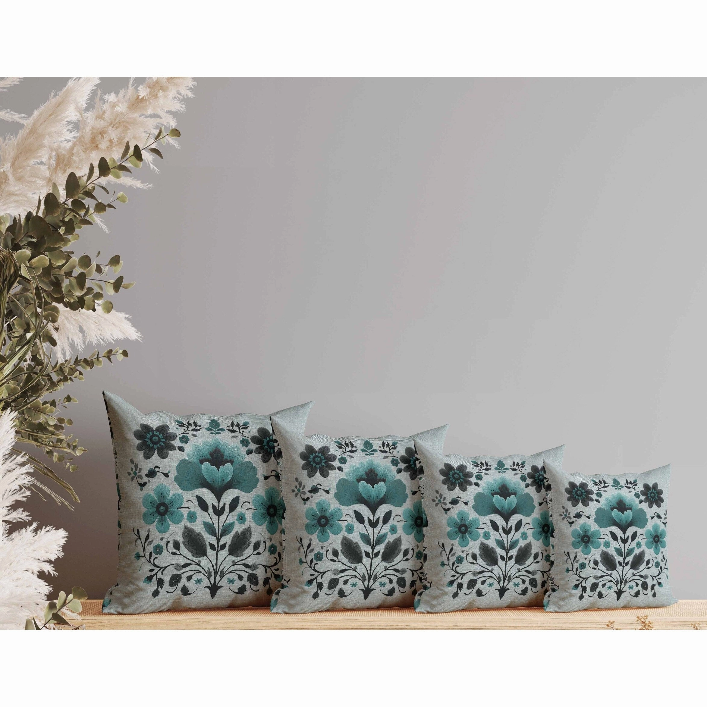 Rajasthan Bloom Indoor/Outdoor Reversible Throw Pillow Teal and Gray
