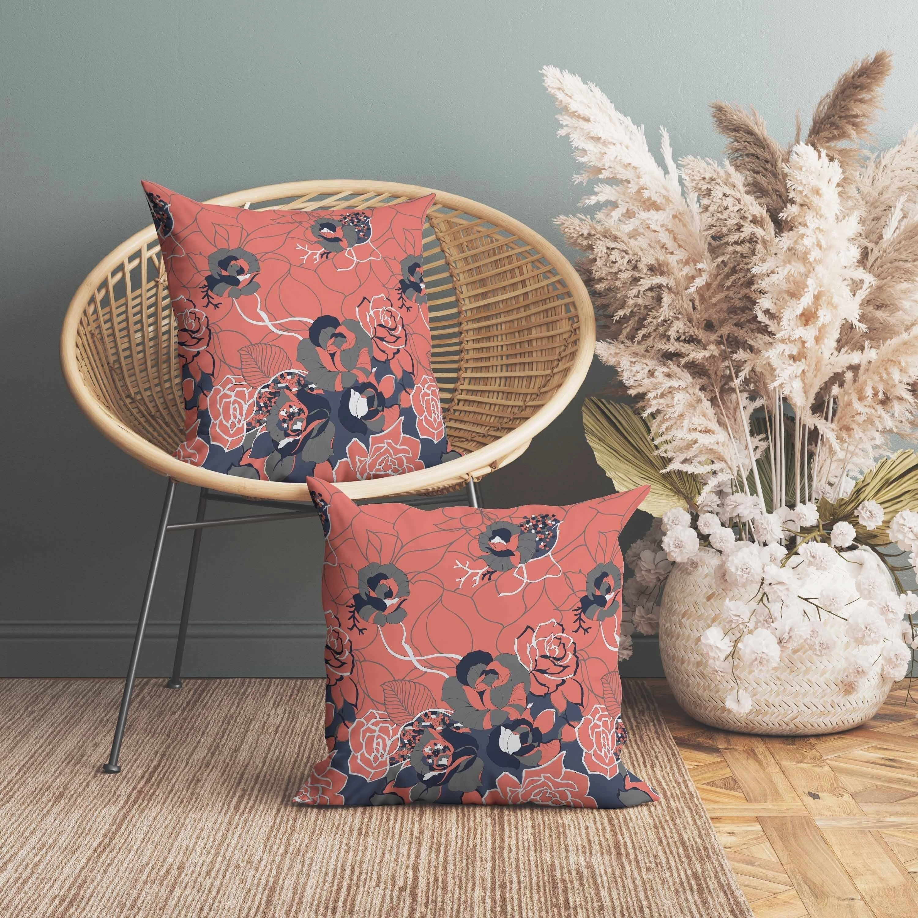 Regal Rose Retreat Indoor/Outdoor Reversible Throw Pillow Desaturated and Red