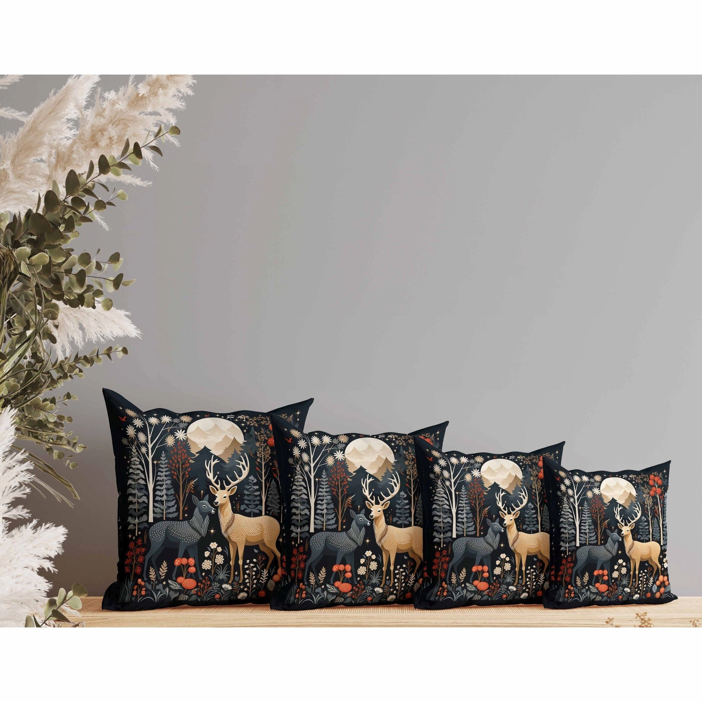 Reindeer Winter Heart Faux Suede Reversible Throw Pillow Black and Beige