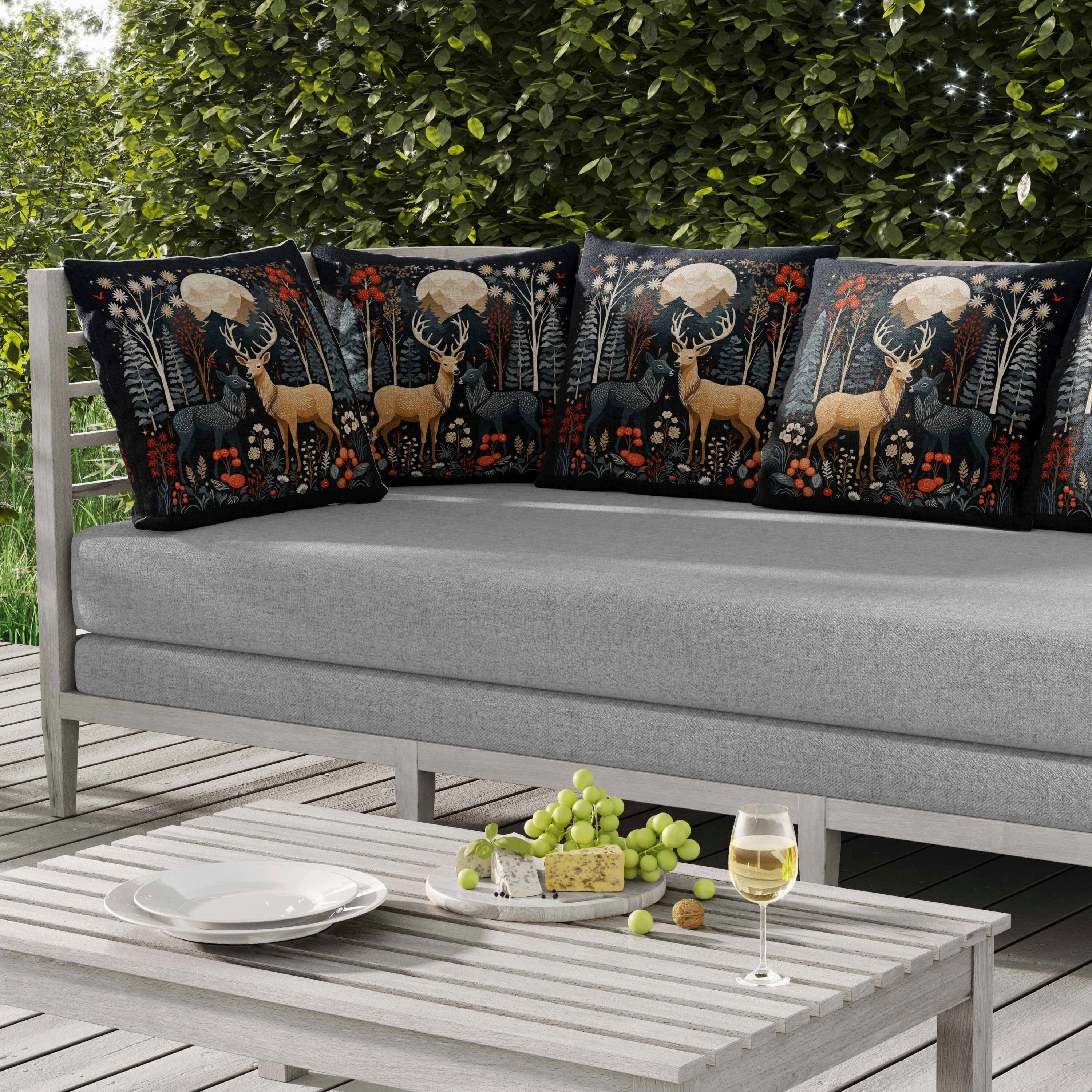 Reindeer Winter Heart Indoor/Outdoor Reversible Throw Pillow Black and Beige