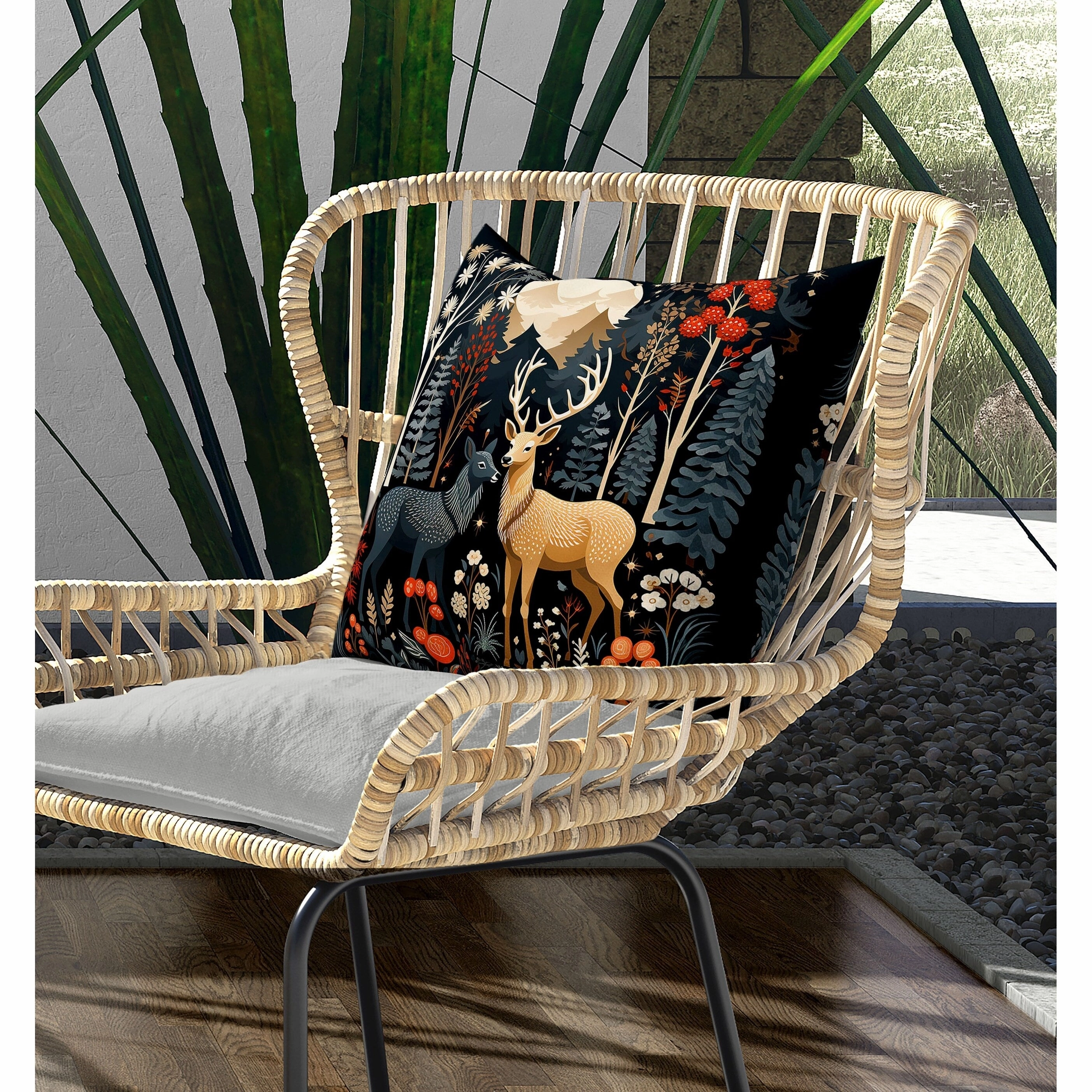 Reindeer Winter Heart Indoor/Outdoor Reversible Throw Pillow Black and Beige