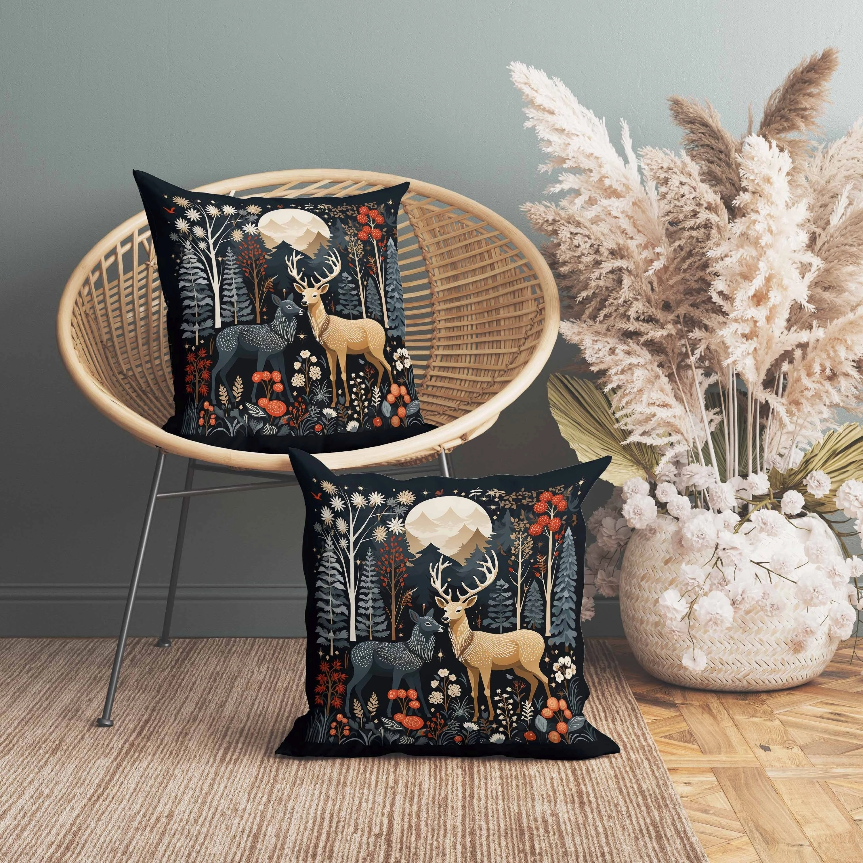 Reindeer Winter Heart Indoor/Outdoor Reversible Throw Pillow Black and Beige