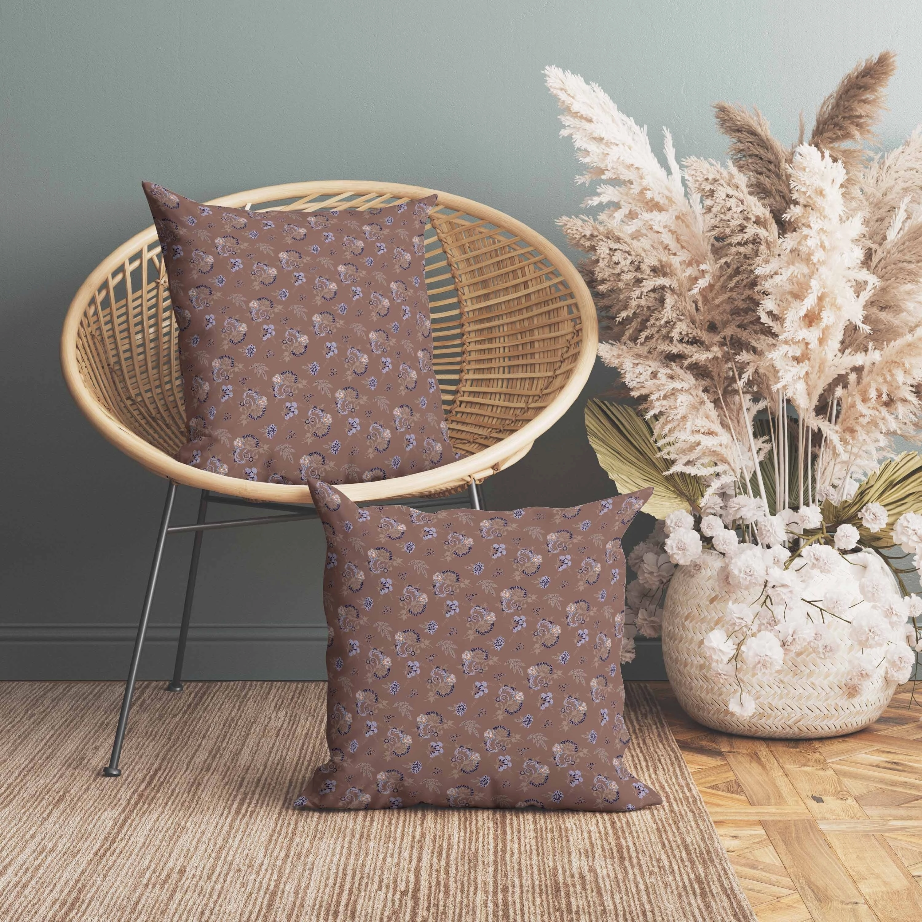 Rose Dreams Indoor/Outdoor Reversible Throw Pillow Brown and Blue