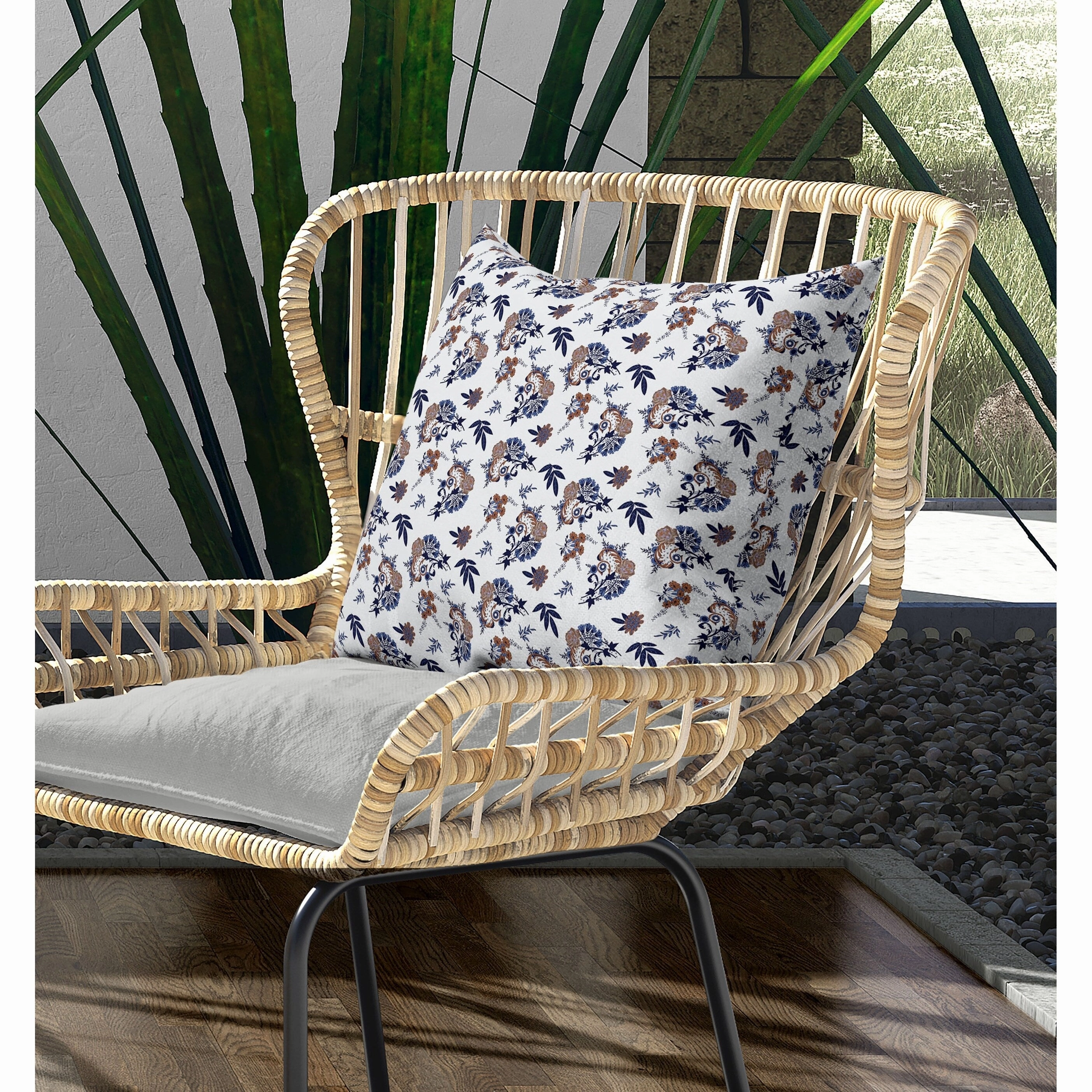 Rose Dreams Indoor/Outdoor Reversible Throw Pillow White and Blue