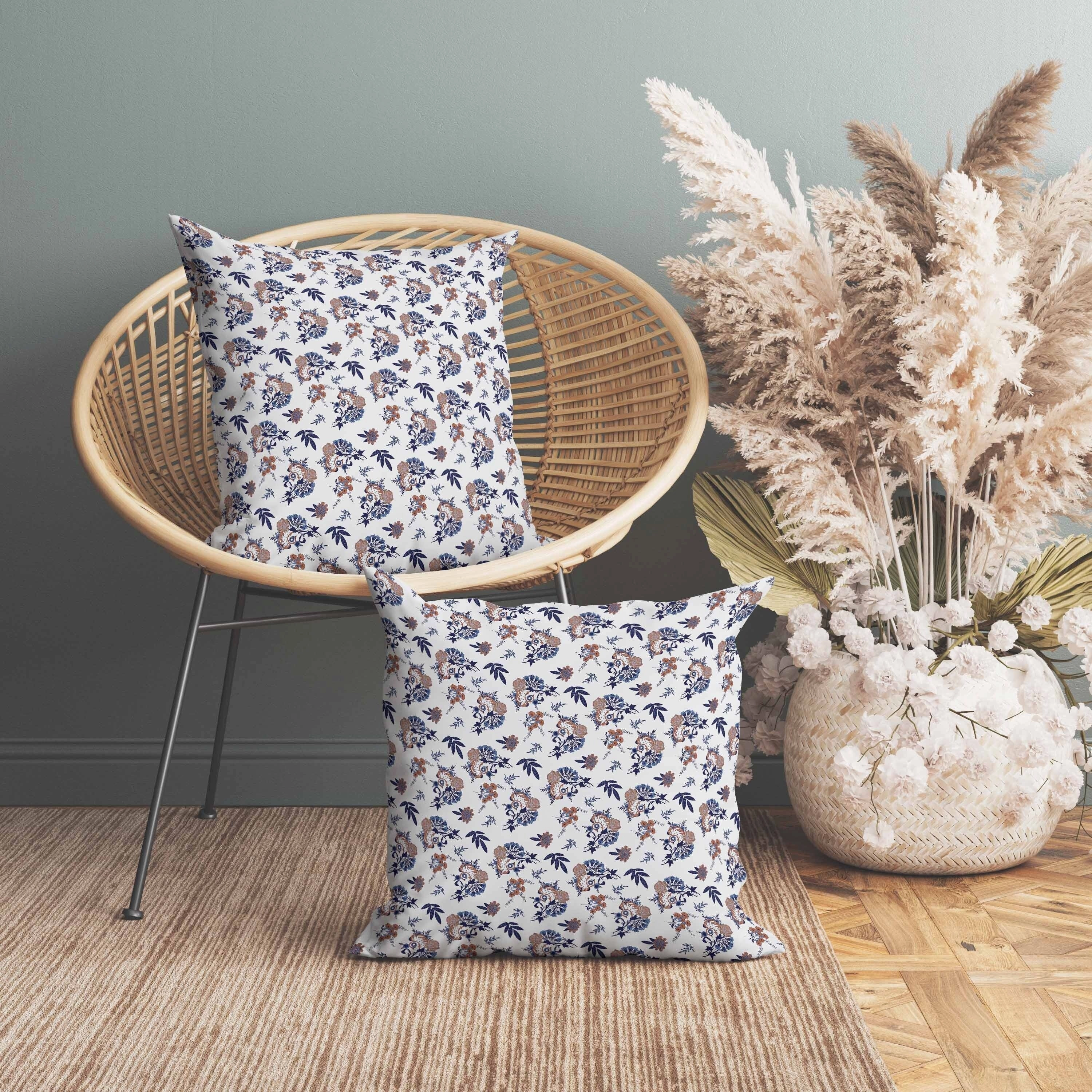 Rose Dreams Indoor/Outdoor Reversible Throw Pillow White and Blue