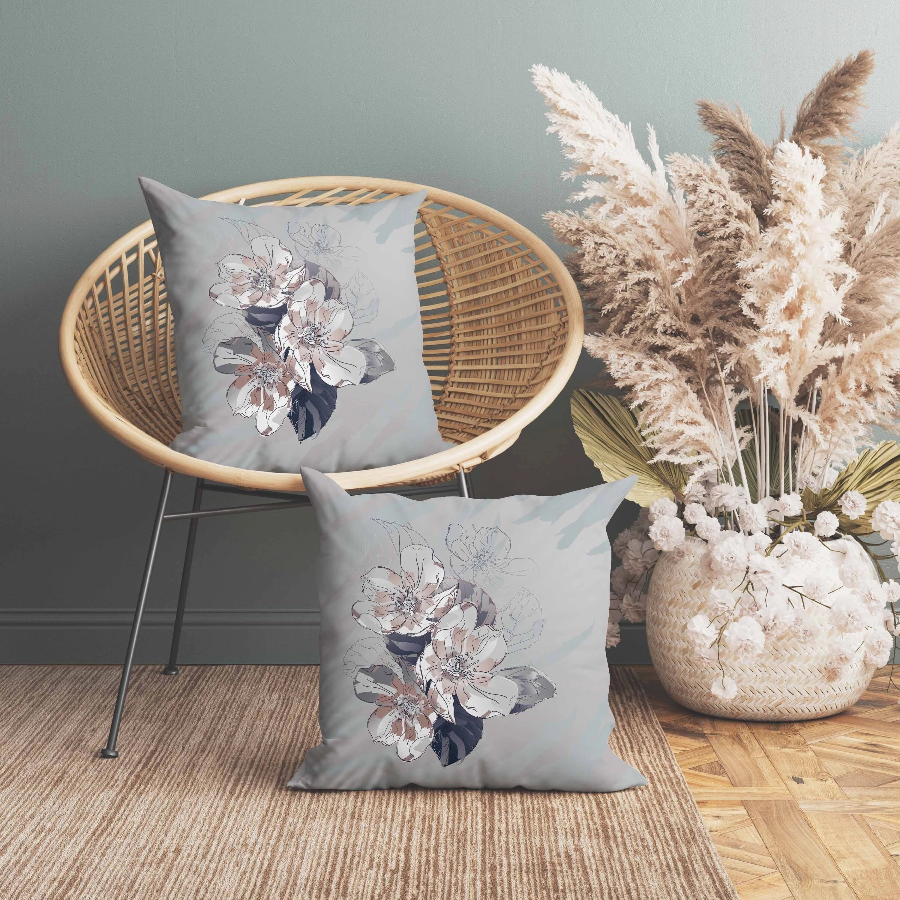Rosemary Romance Indoor/Outdoor Reversible Throw Pillow Gray and Green