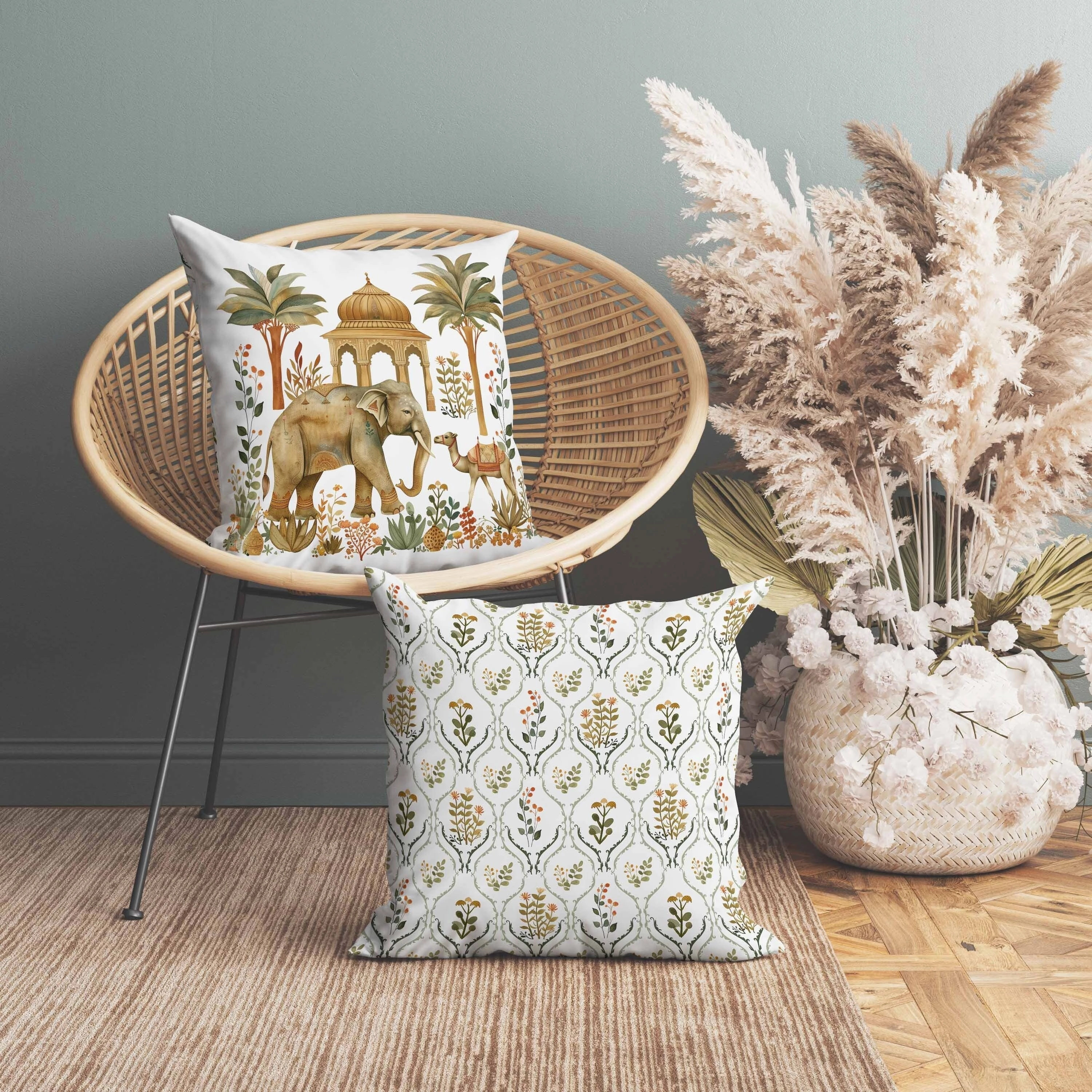 Royal Rajasthan Indoor/Outdoor Reversible Throw Pillow Green and Brown