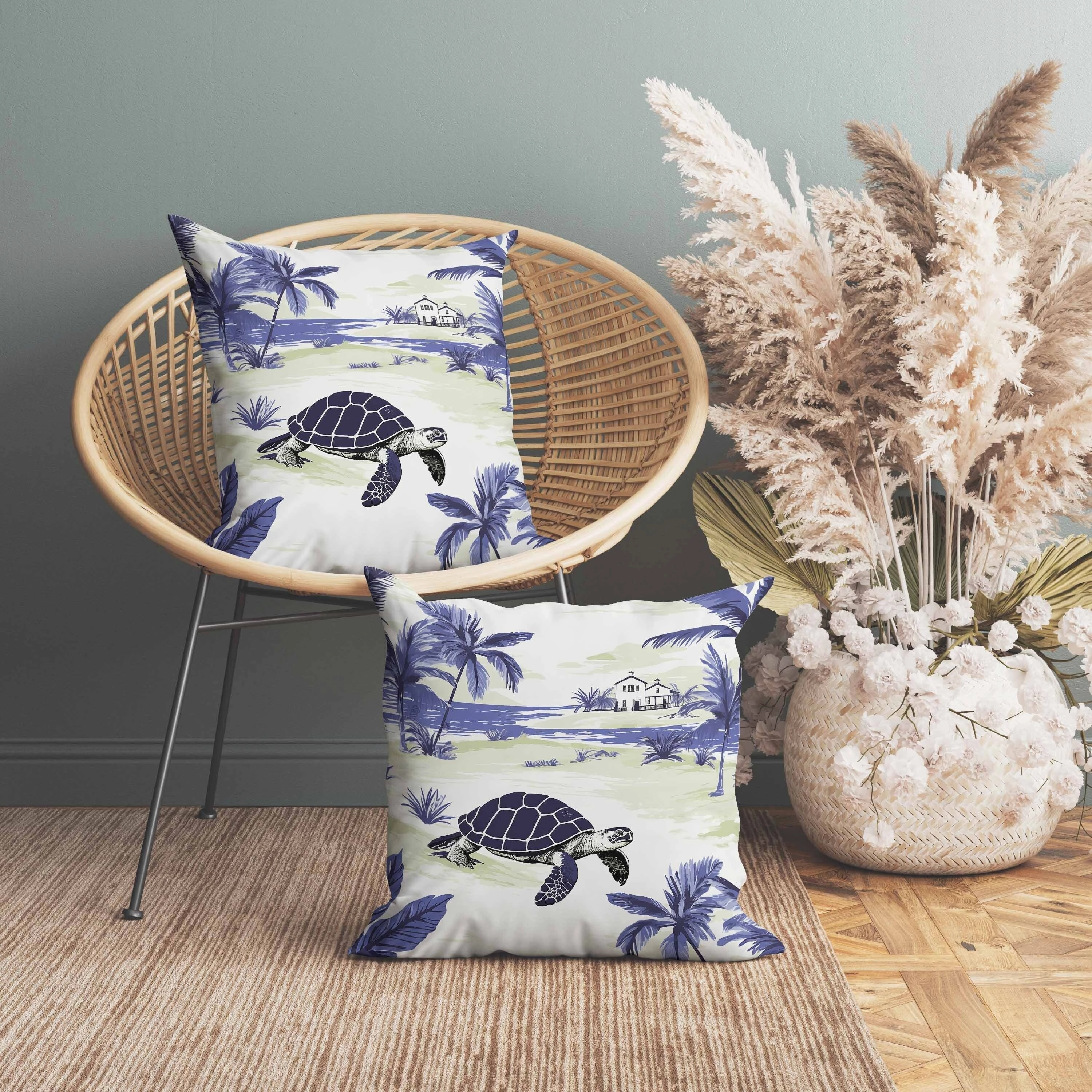 Sandy Shores Turtle Faux Suede Reversible Throw Pillow Blue and Green