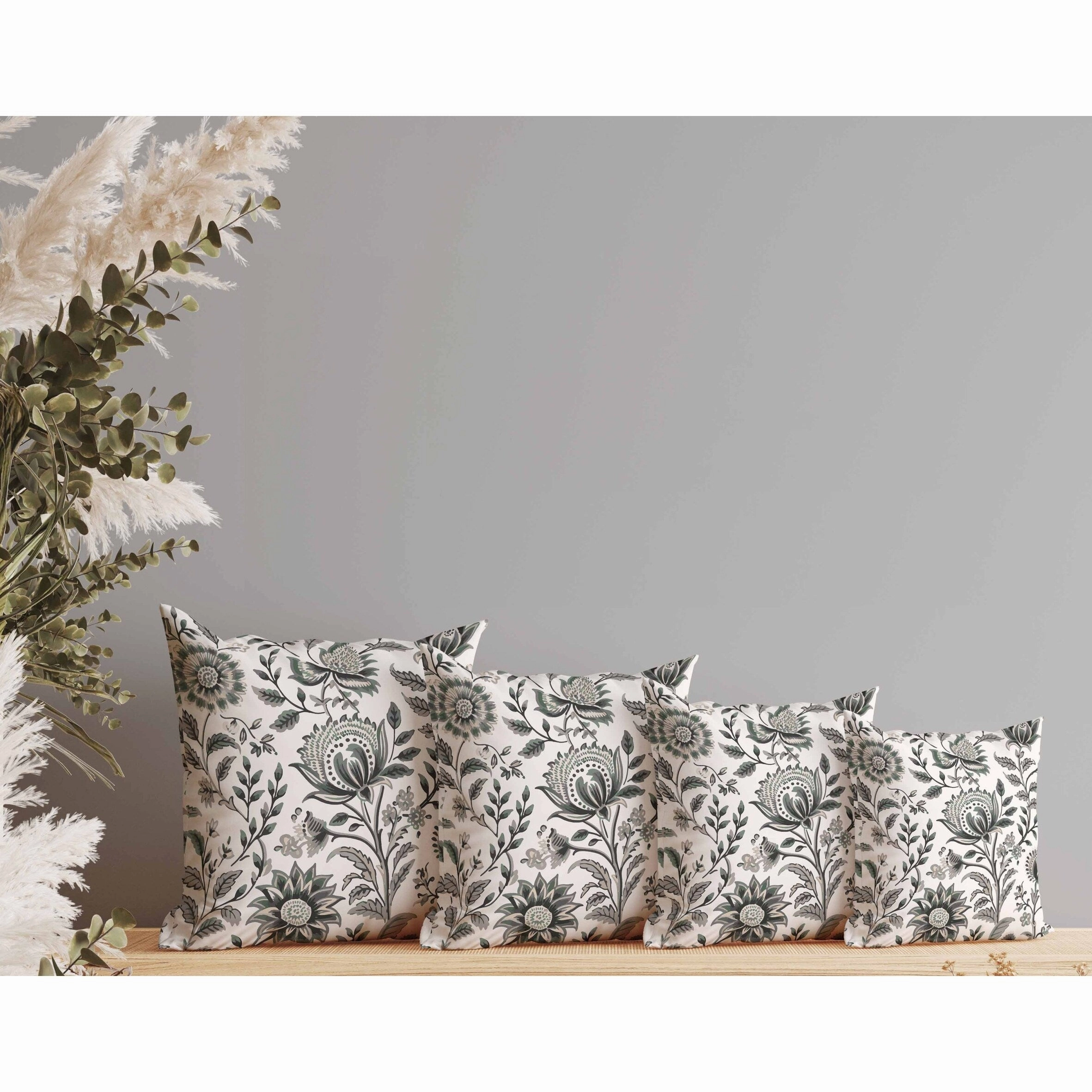 Sanganeri Block Print Indoor/Outdoor Reversible Throw Pillow Grey and Green