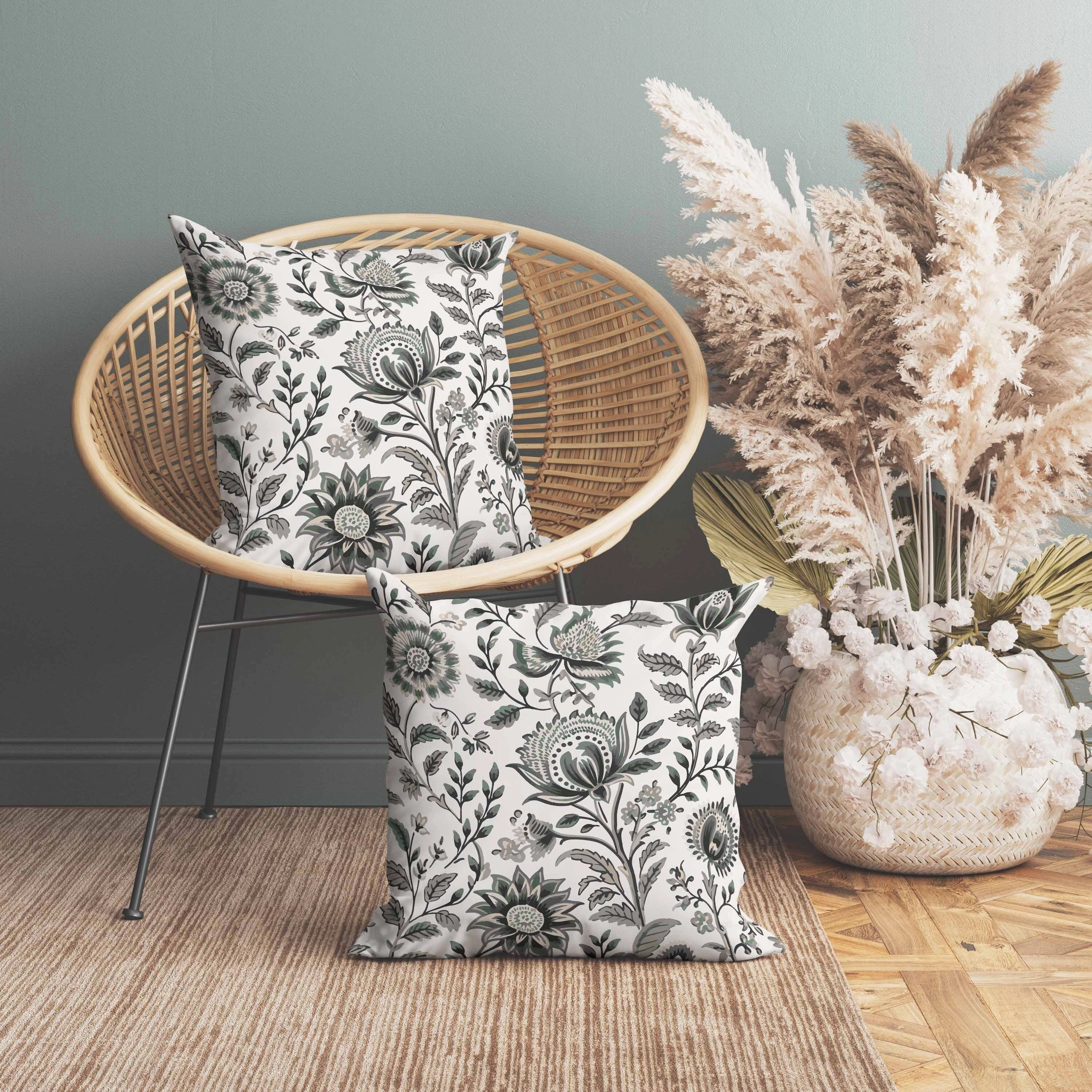Sanganeri Block Print Indoor/Outdoor Reversible Throw Pillow Grey and Green