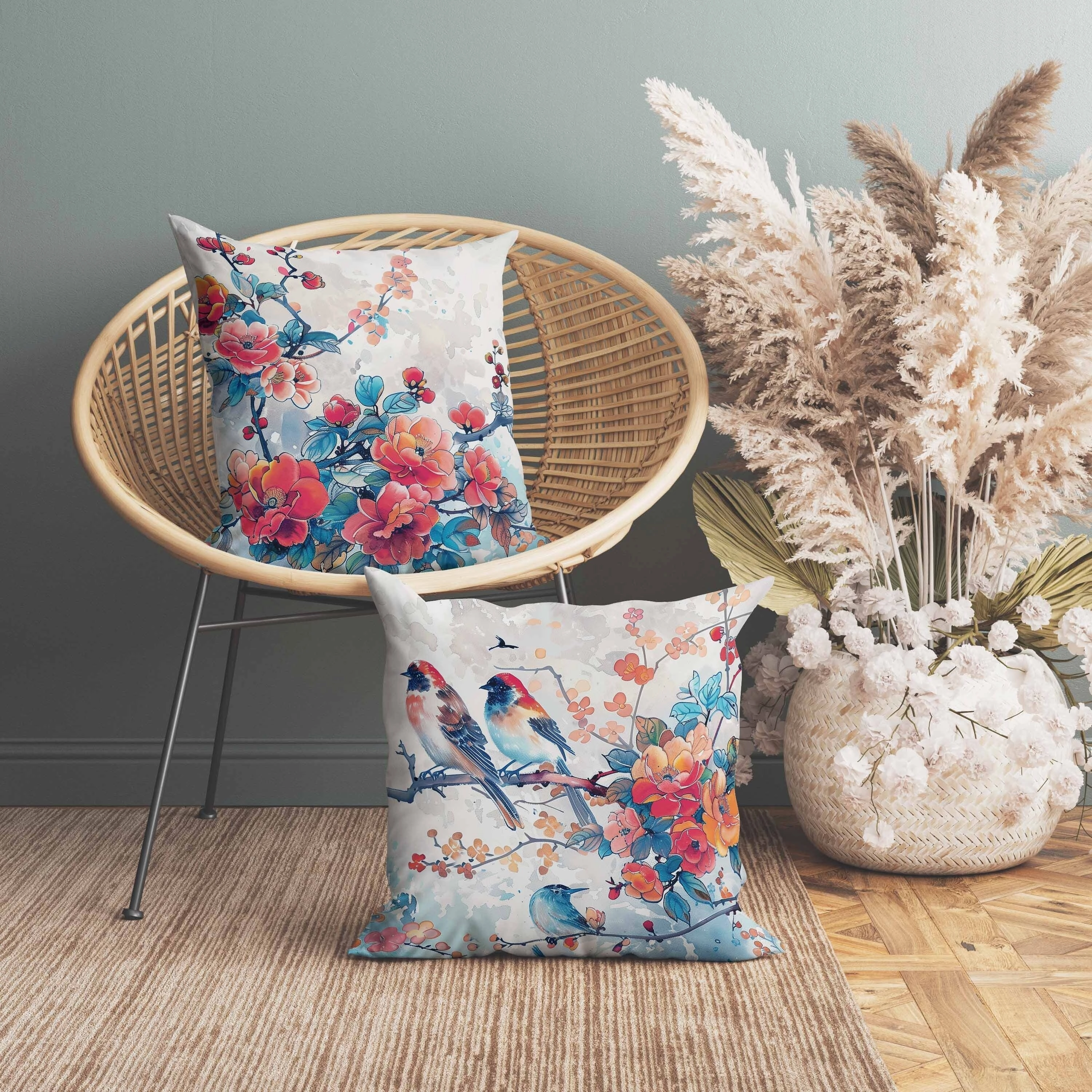Scarlet Wing Heaven Indoor/Outdoor Reversible Throw Pillow Blue and Red
