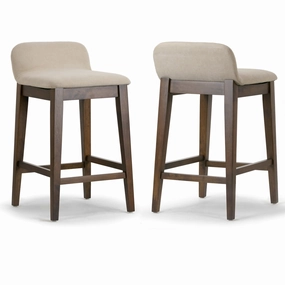 Set of 2 Atia Dark Brown Rubberwood Barstool with Low Back Fabric Seat