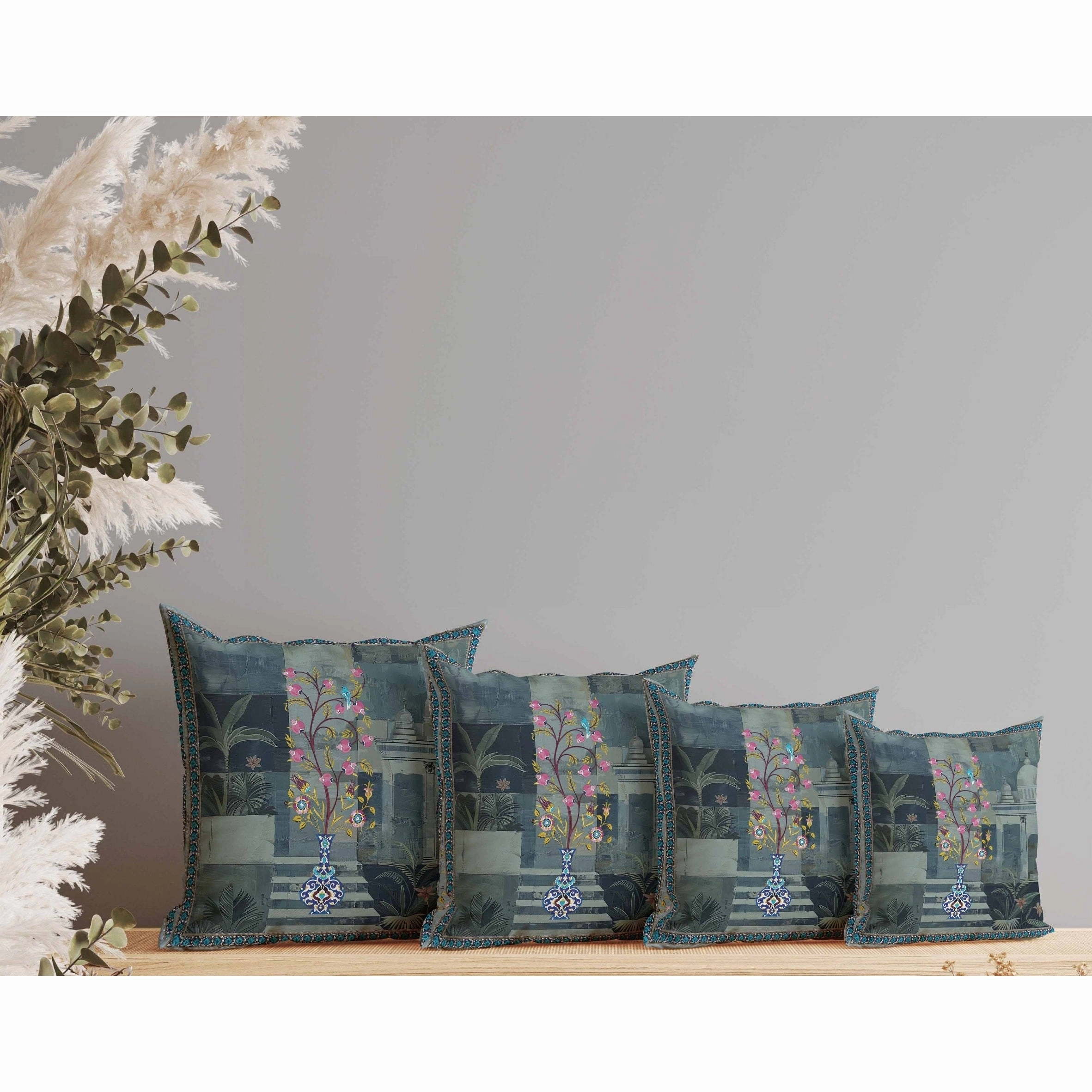 Shahi Garden Bloom Indoor/Outdoor Reversible Throw Pillow Blue and Green