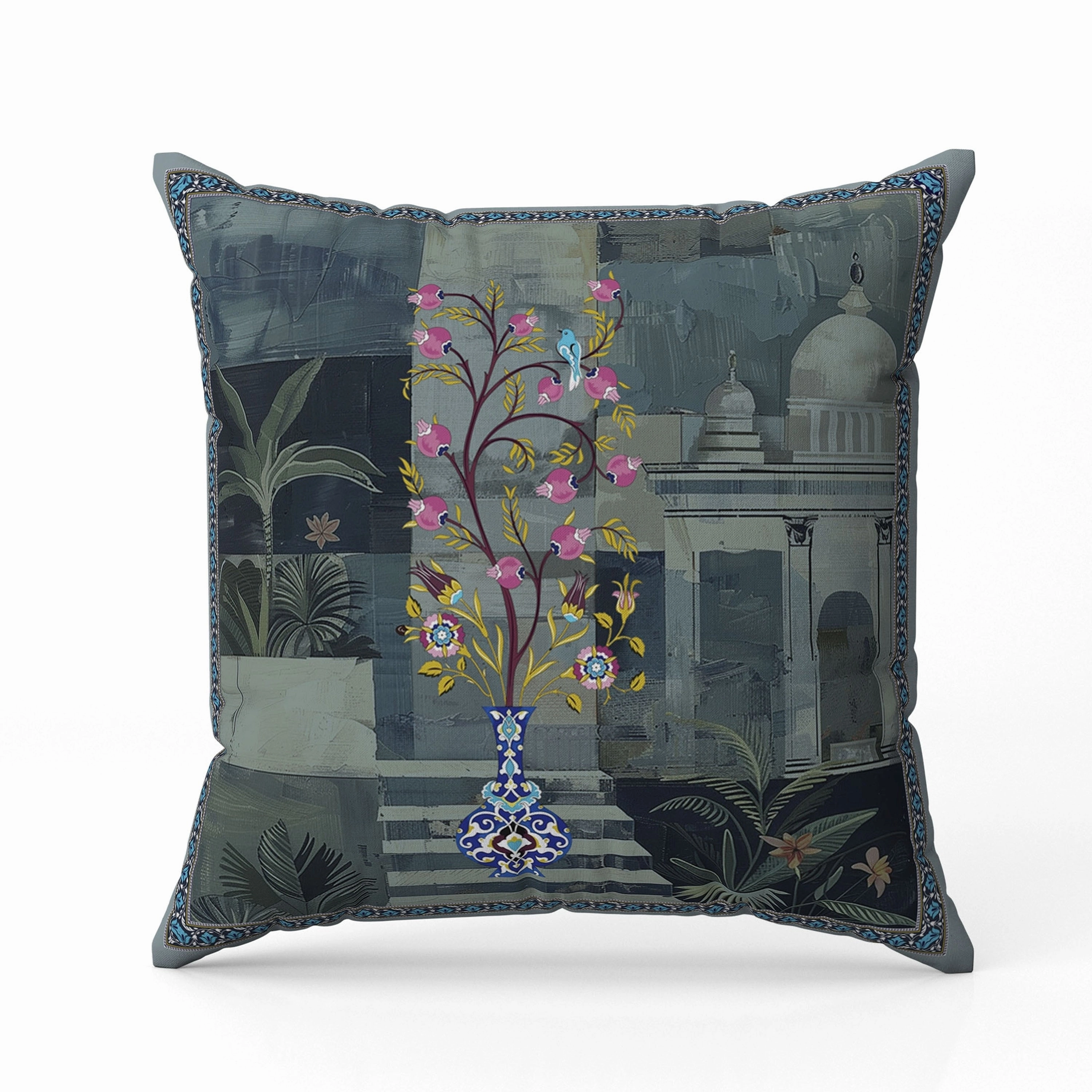 Shahi Garden Bloom Indoor/Outdoor Reversible Throw Pillow Blue and Green