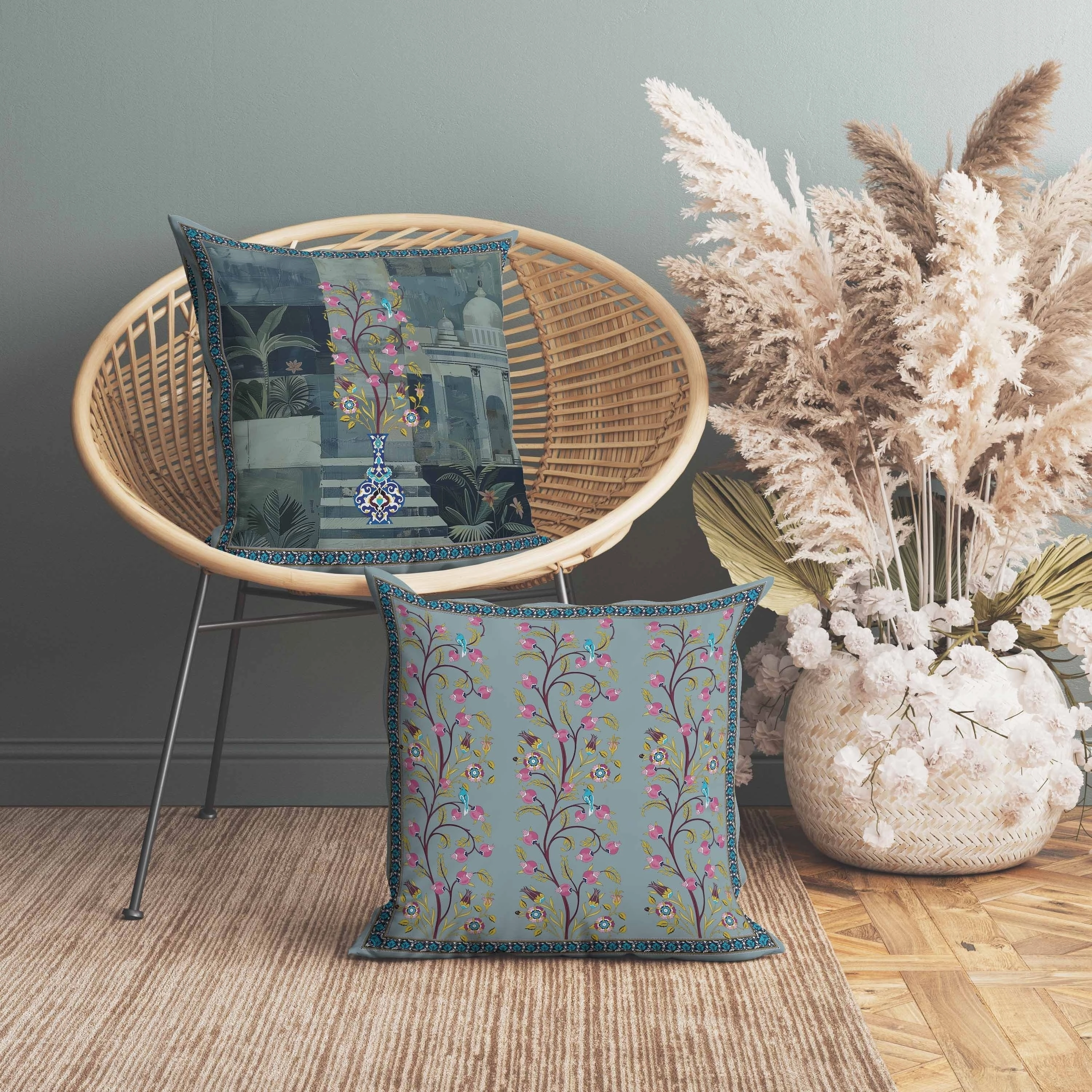 Shahi Garden Bloom Indoor/Outdoor Reversible Throw Pillow Blue and Green