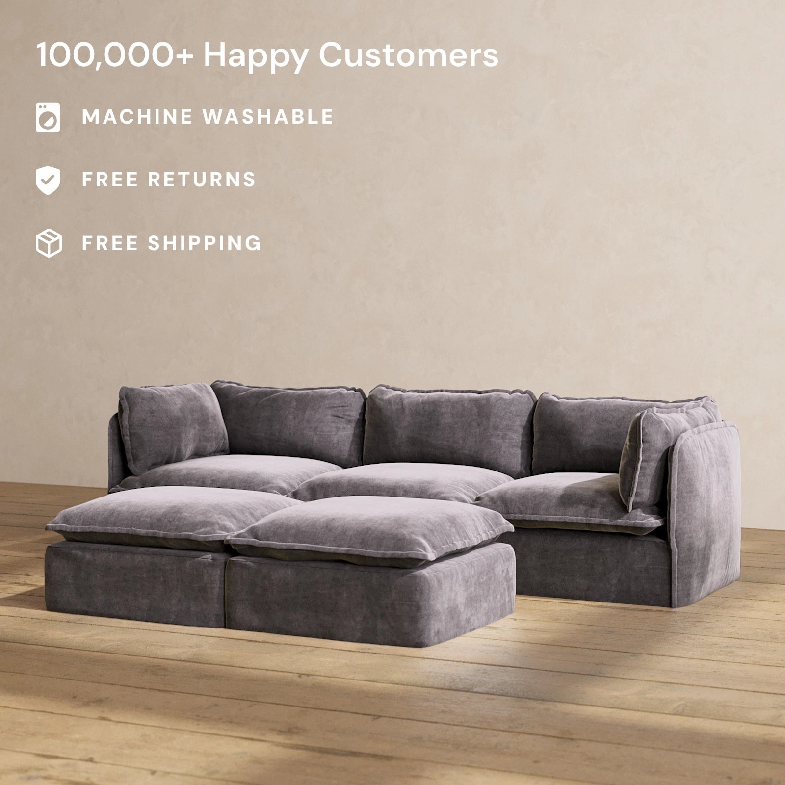 Slipcover Only - Modular Performance 3-Seater   Bench Ottoman | Luxury Velvet in Cinder