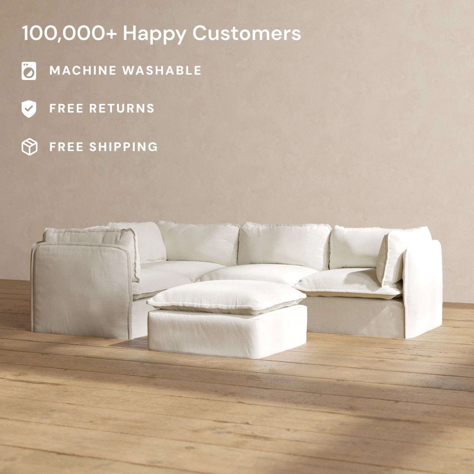 Slipcover Only - Modular Performance 4-Seater Corner Sectional   Ottoman | Plush Weave in Eggshell