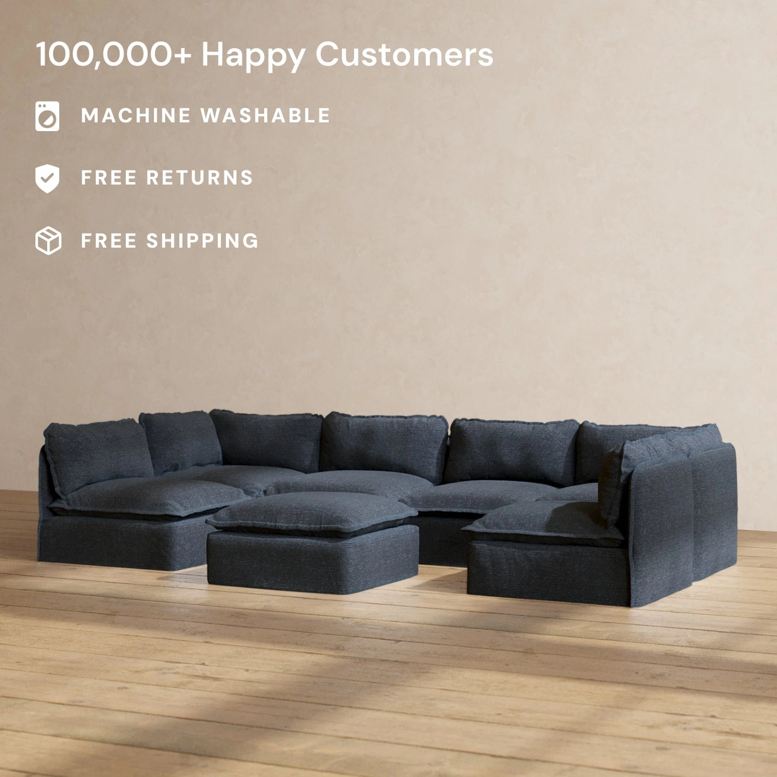Slipcover Only - Modular Performance 6-Seater Open-Ends U-Sectional   Ottoman | Blended Weave in Indigo