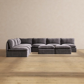 Slipcover Only - Modular Performance 7-Seater Open-Ends Corner Sectional   Bench Ottoman | Luxury Velvet in Cinder