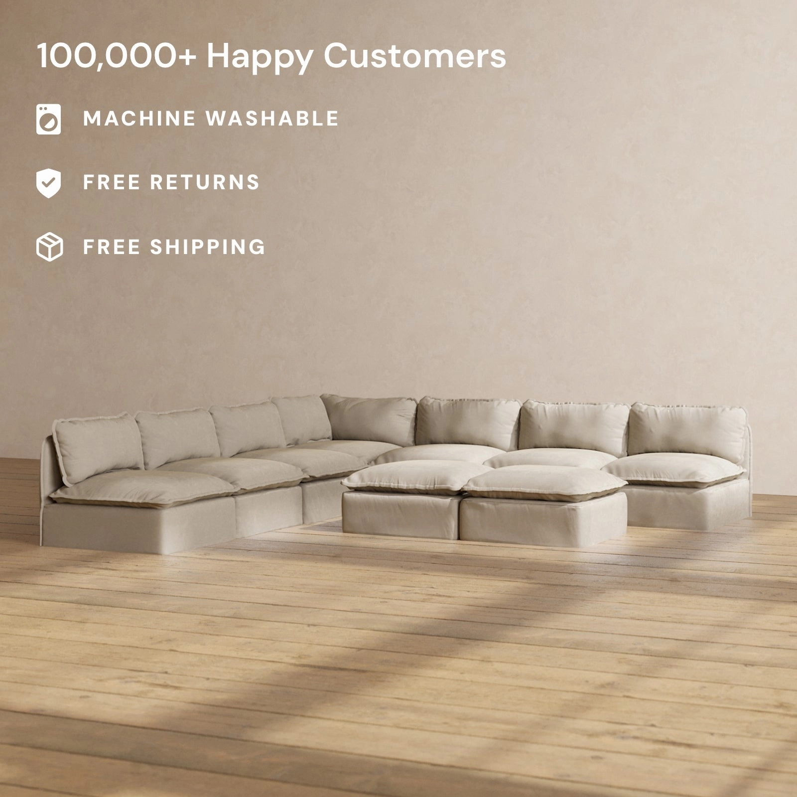 Slipcover Only - Modular Performance 7-Seater Open-Ends Corner Sectional   Bench Ottoman | Luxury Velvet in Dune
