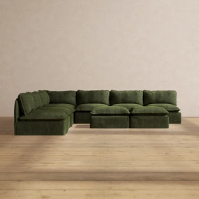 Slipcover Only - Modular Performance 7-Seater Open-Ends Corner Sectional   Bench Ottoman | Luxury Velvet in Olive