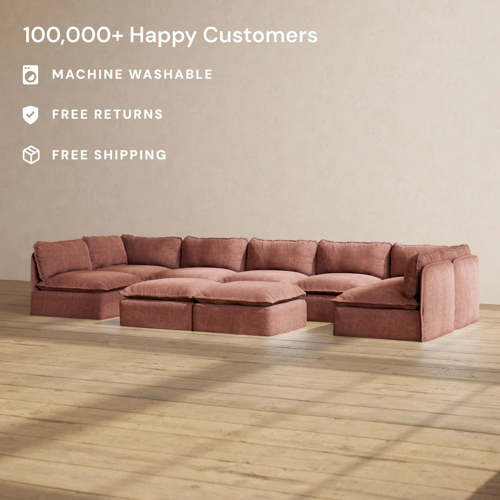 Slipcover Only - Modular Performance 7-Seater Open-Ends U-Sectional   Bench Ottoman | Heirloom Velvet in Chestnut