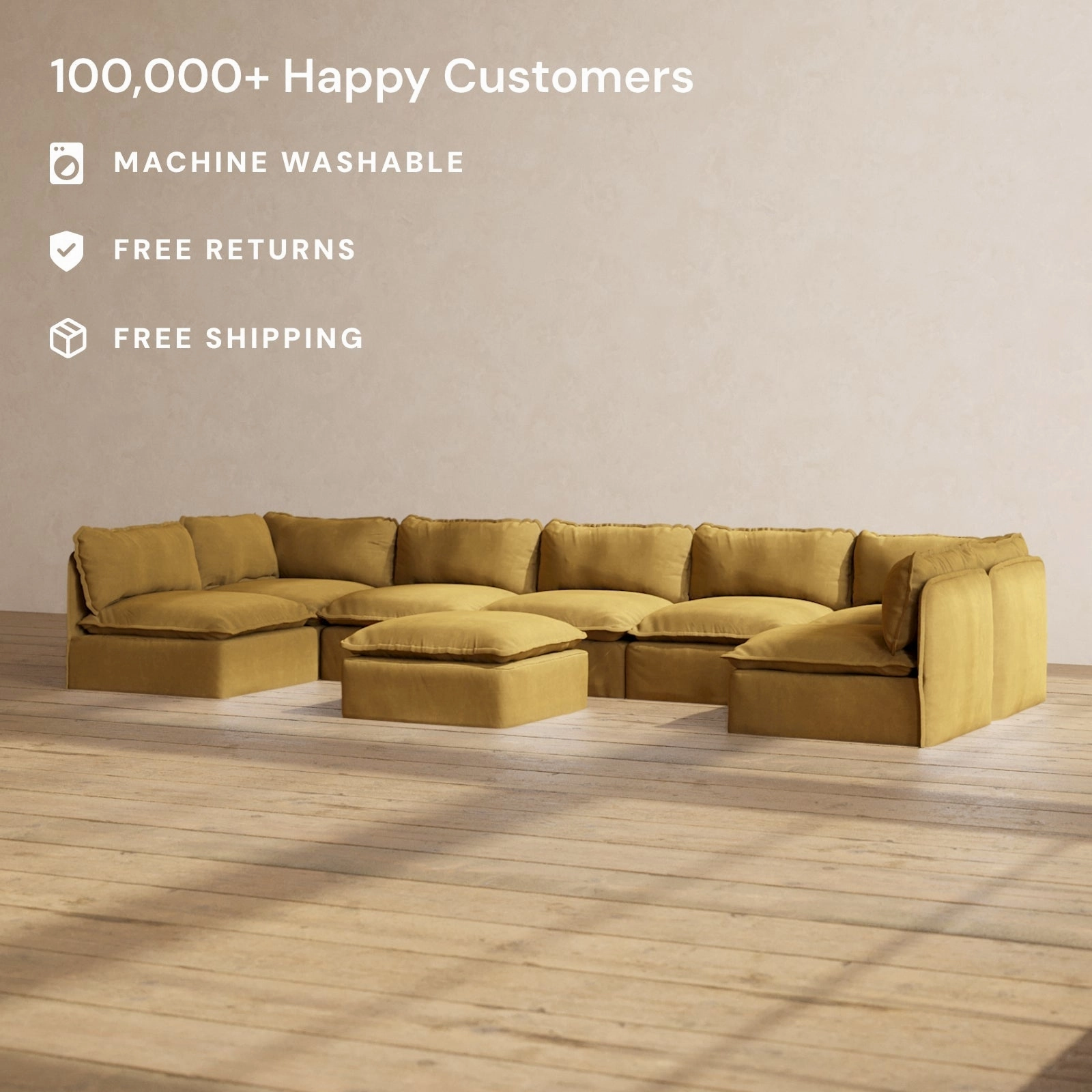 Slipcover Only - Modular Performance 7-Seater Open-Ends U-Sectional   Ottoman | Luxury Velvet in Toffee