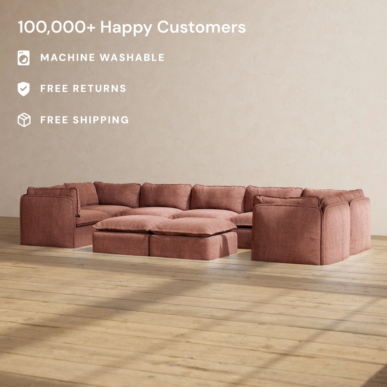 Slipcover Only - Modular Performance 7-Seater U-Sectional   Bench Ottoman | Heirloom Velvet in Chestnut