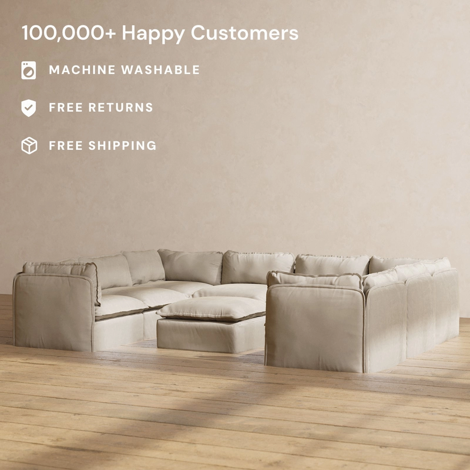 Slipcover Only - Modular Performance 8-Seater U-Sectional   Ottoman | Luxury Velvet in Dune