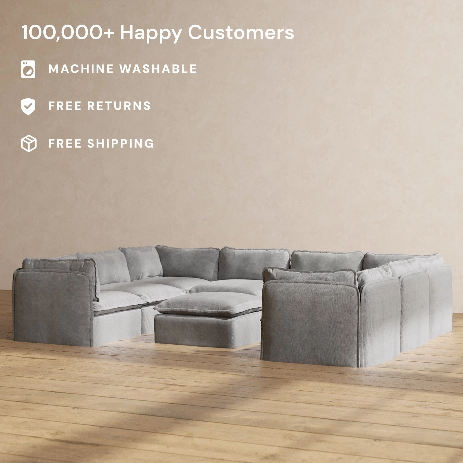 Slipcover Only - Modular Performance 8-Seater U-Sectional   Ottoman | Plush Weave in Ash