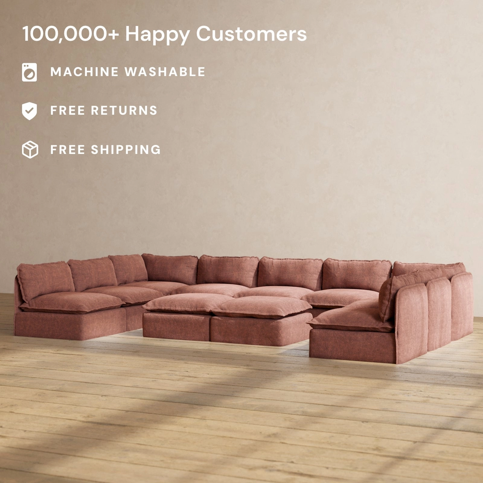 Slipcover Only - Modular Performance 9-Seater Open-Ends U-Sectional   Bench Ottoman | Heirloom Velvet in Chestnut