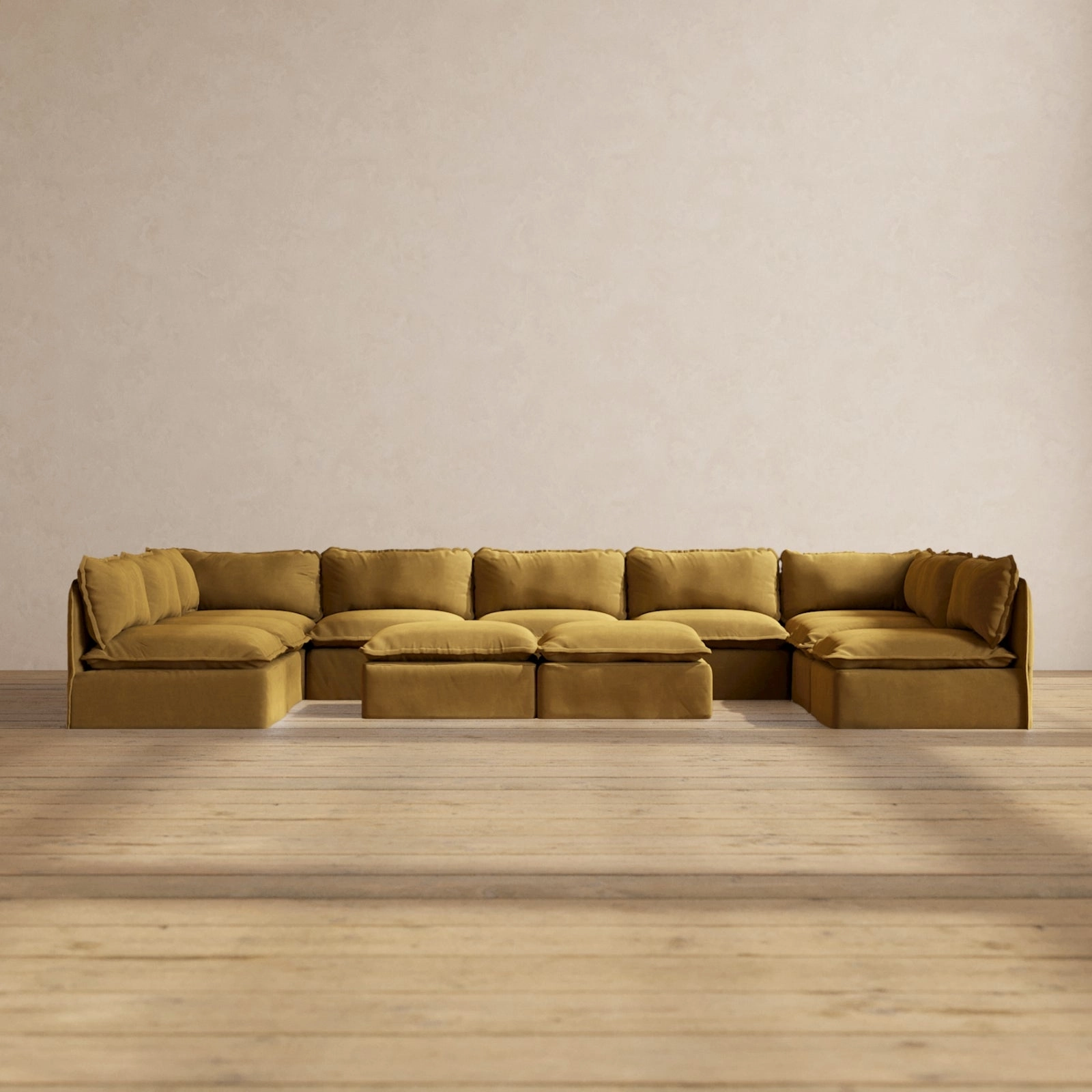 Slipcover Only - Modular Performance 9-Seater Open-Ends U-Sectional   Bench Ottoman | Luxury Velvet in Toffee