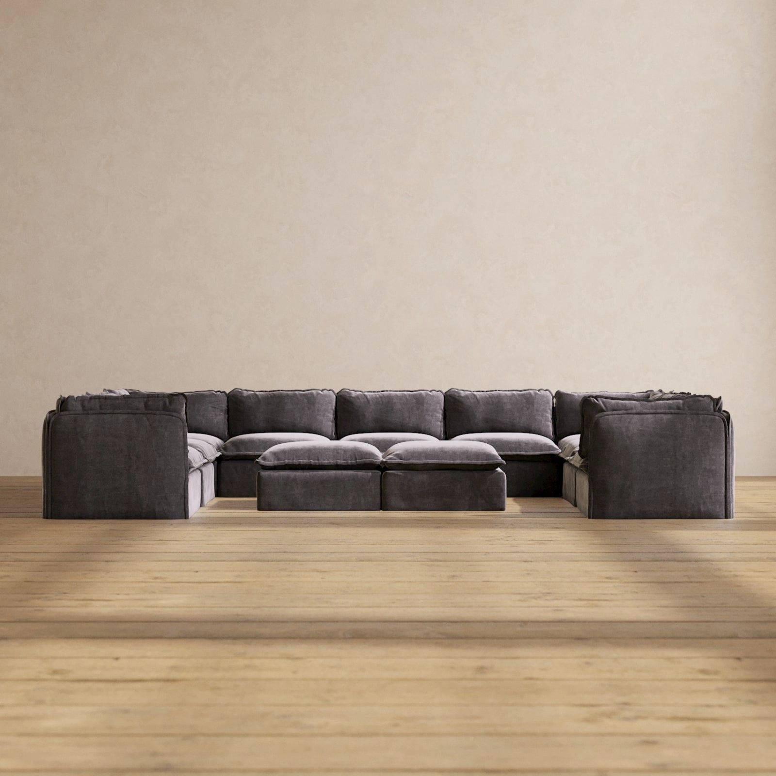 Slipcover Only - Modular Performance 9-Seater U-Sectional   Bench Ottoman | Luxury Velvet in Cinder