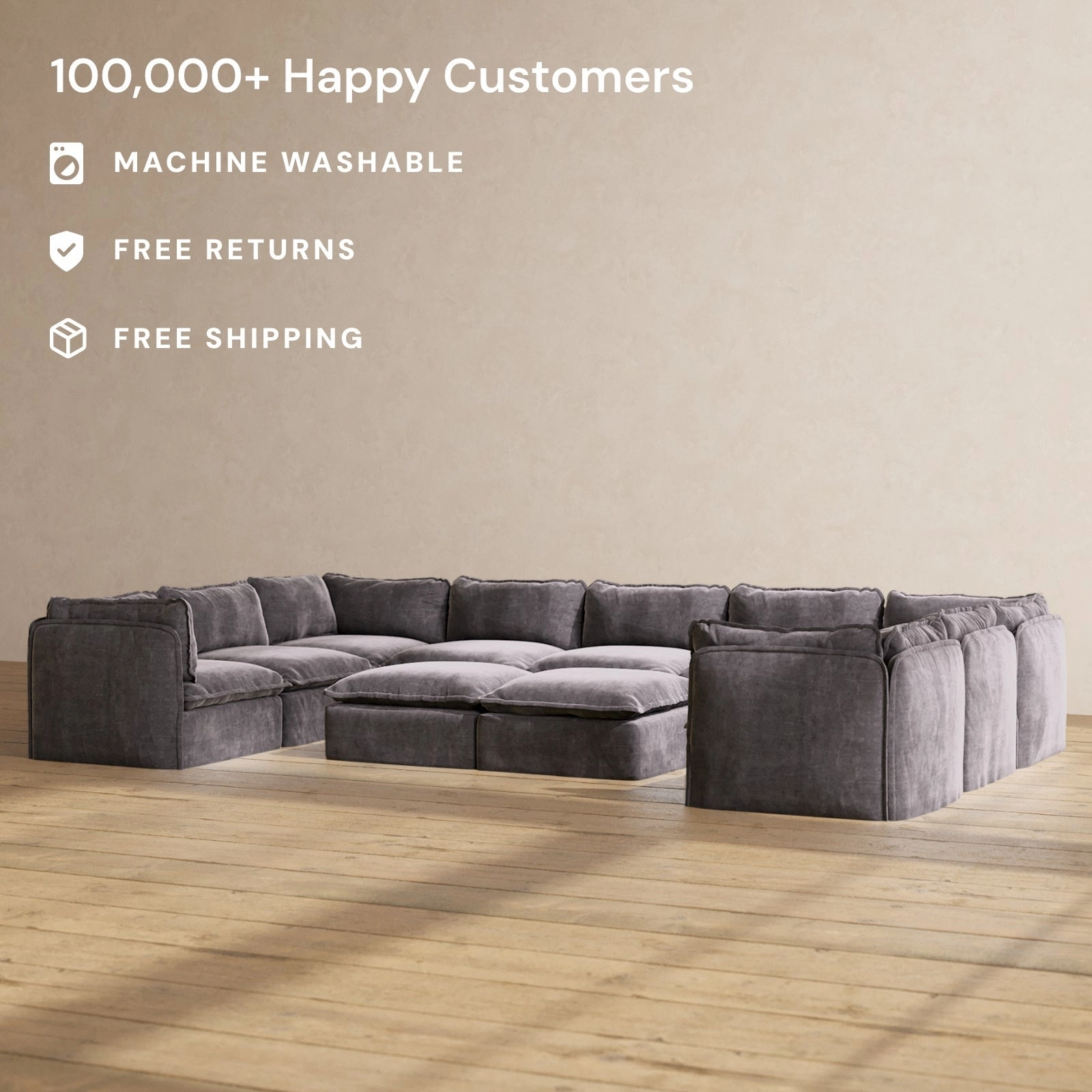 Slipcover Only - Modular Performance 9-Seater U-Sectional   Bench Ottoman | Luxury Velvet in Cinder