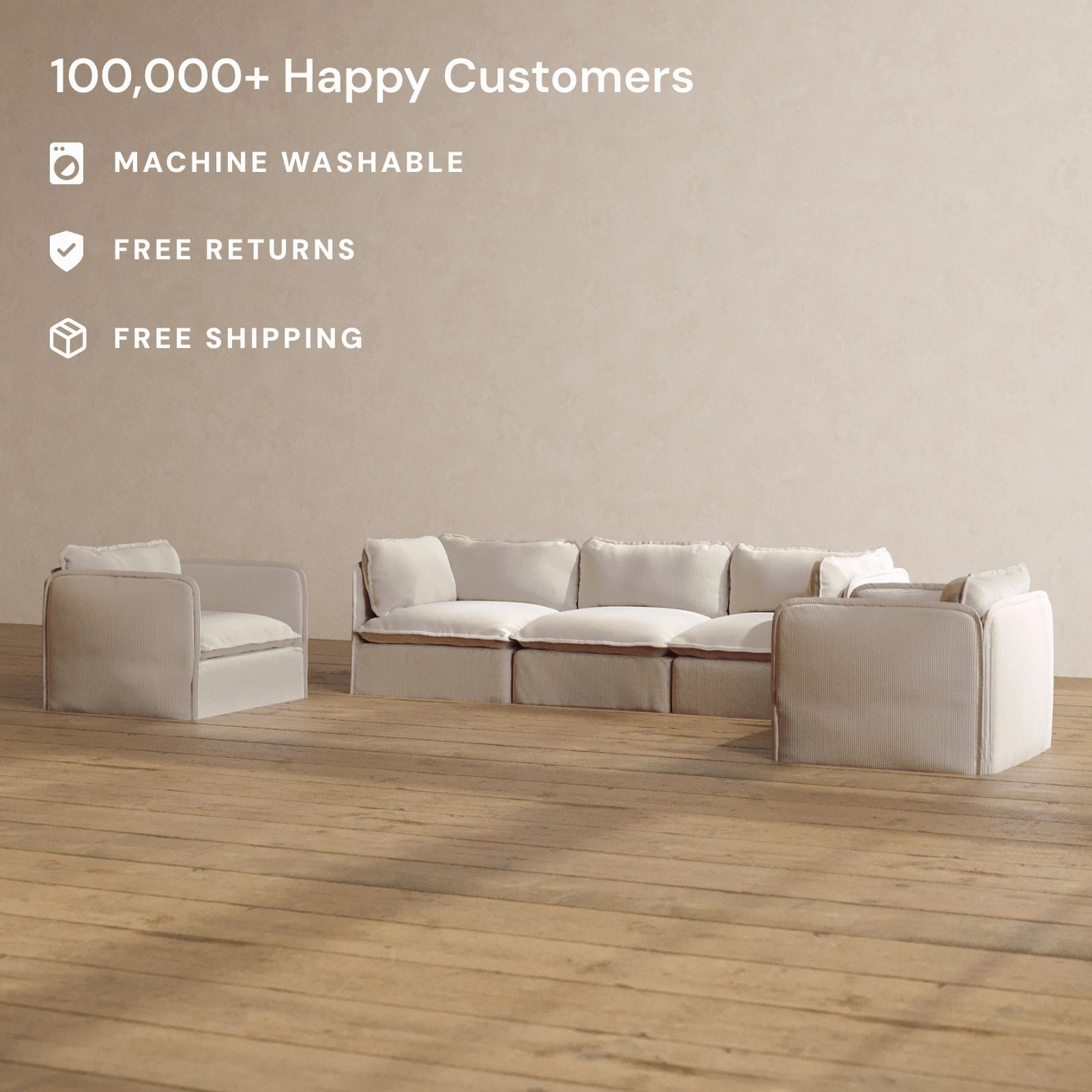 Slipcover Only - Modular Washable 3-Seater Sofa   Armchair Set in Milk
